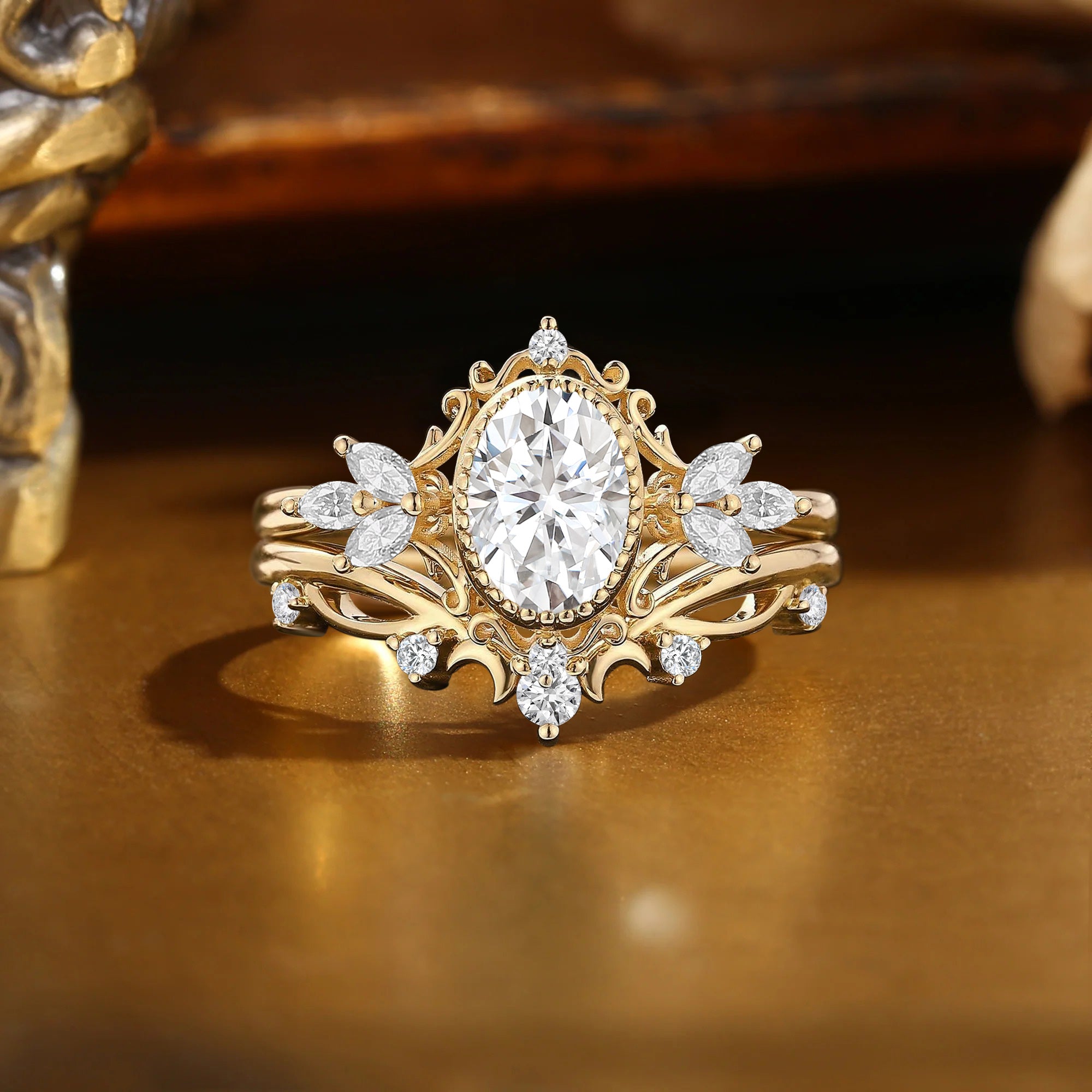 Sabrina - Oval Cut Moissanite Moon Fairy Royalcore Vintage Engagement Ring Set 2Pcs