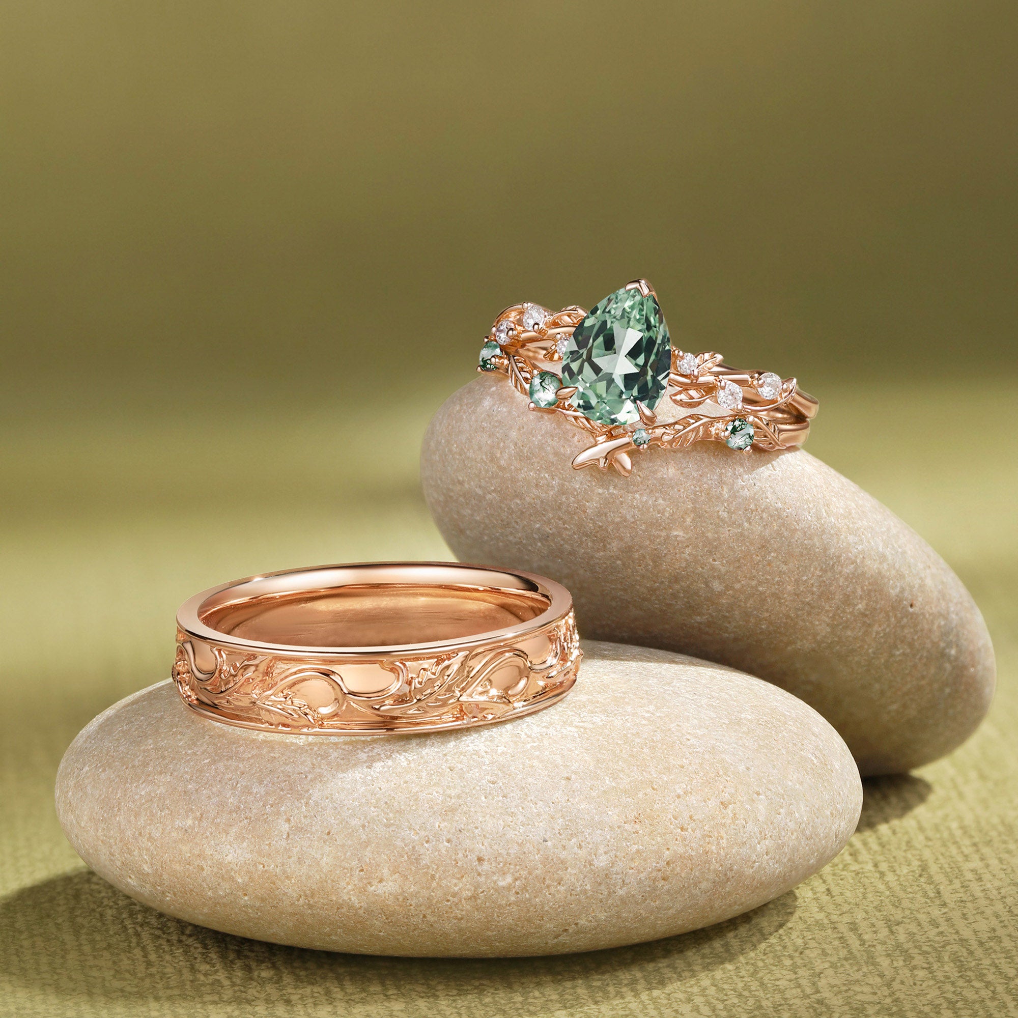 Leaves Inspired Lab Green Sapphire Pear Cut  Couple Ring Set - Clarissa