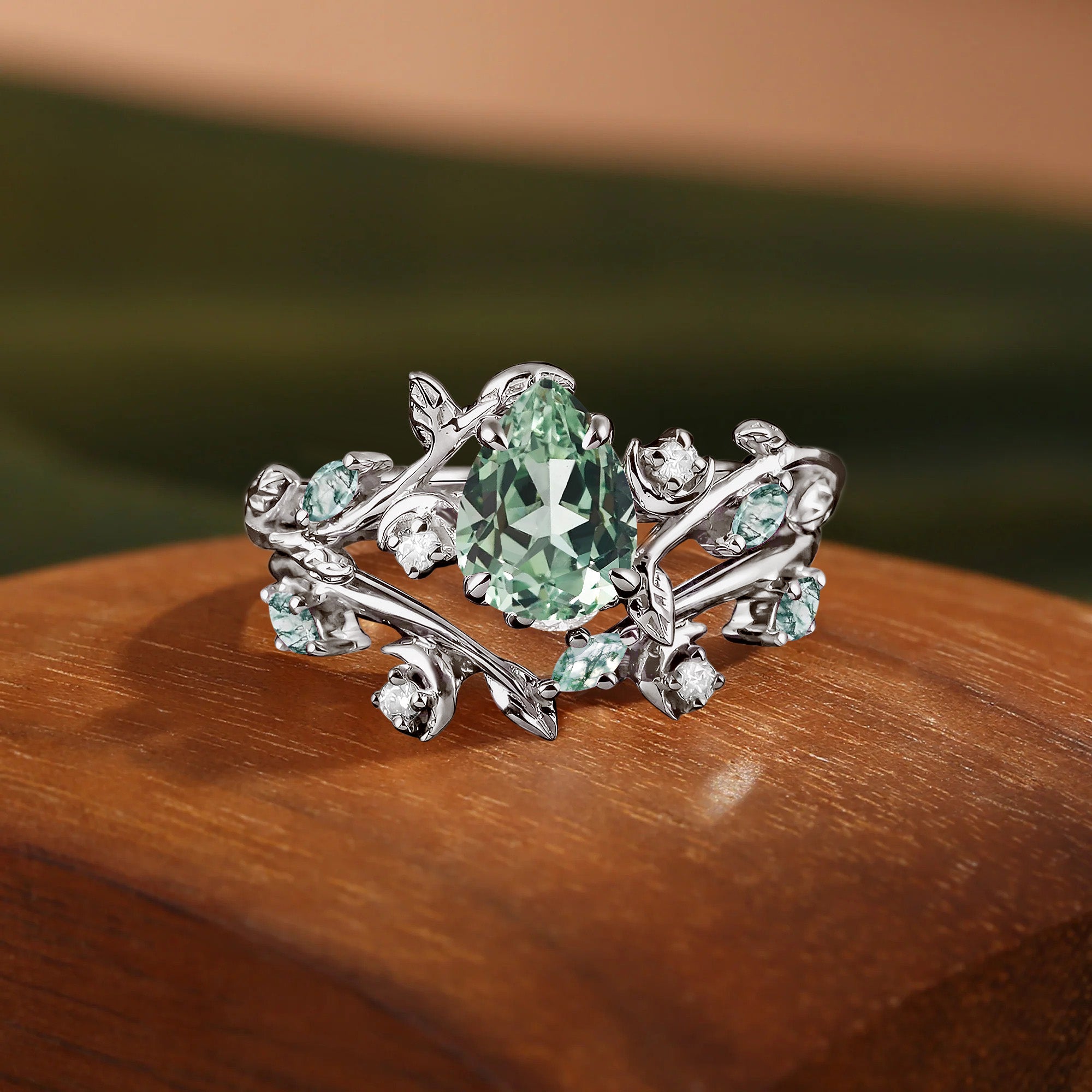 Godelieve - Pear Lab Green Sapphire Embrace Cute Moon Bridal Set 2pcs