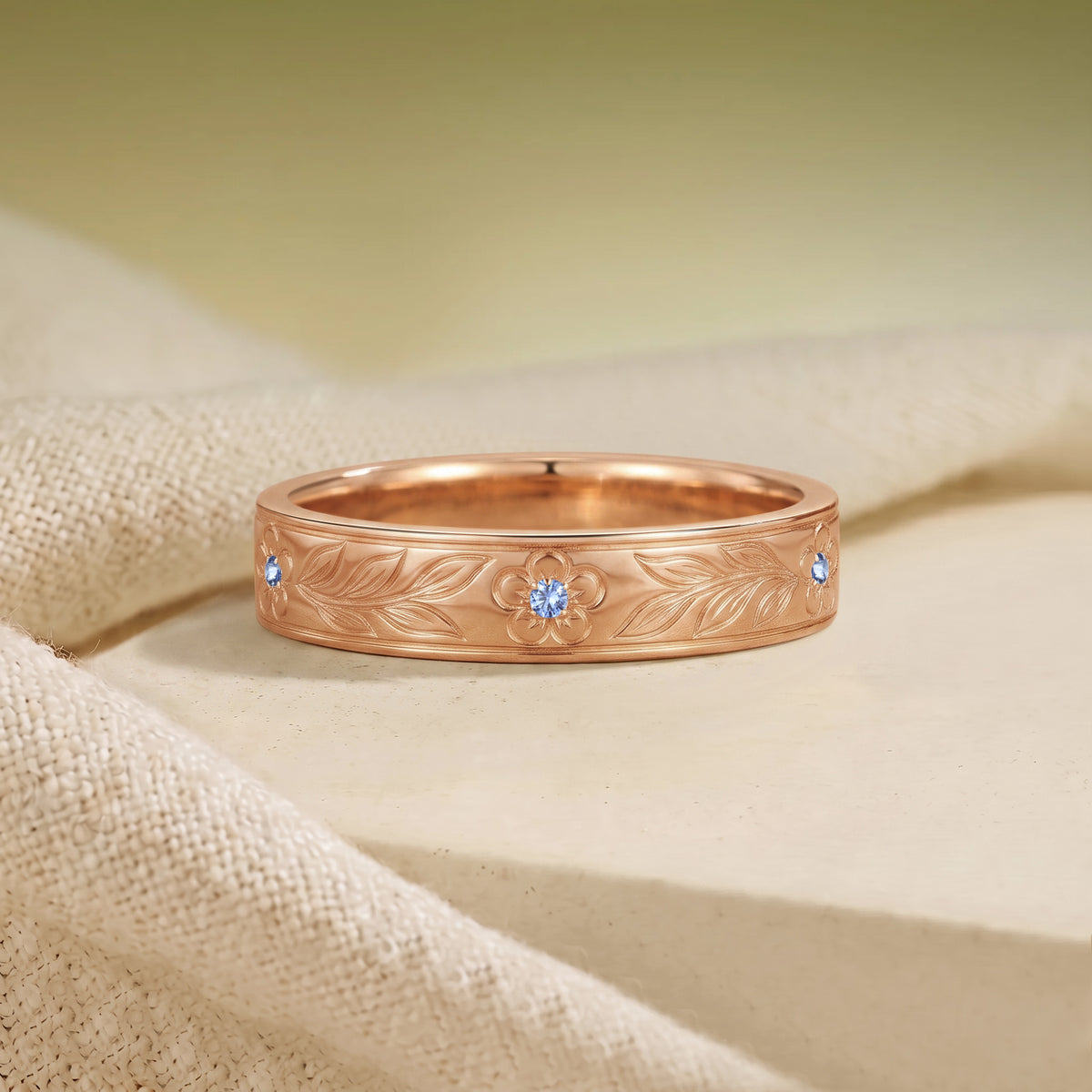 Engraved Cornflower Blue Sapphire Leafy Flower Inspired Anniversary Ring - Men Band