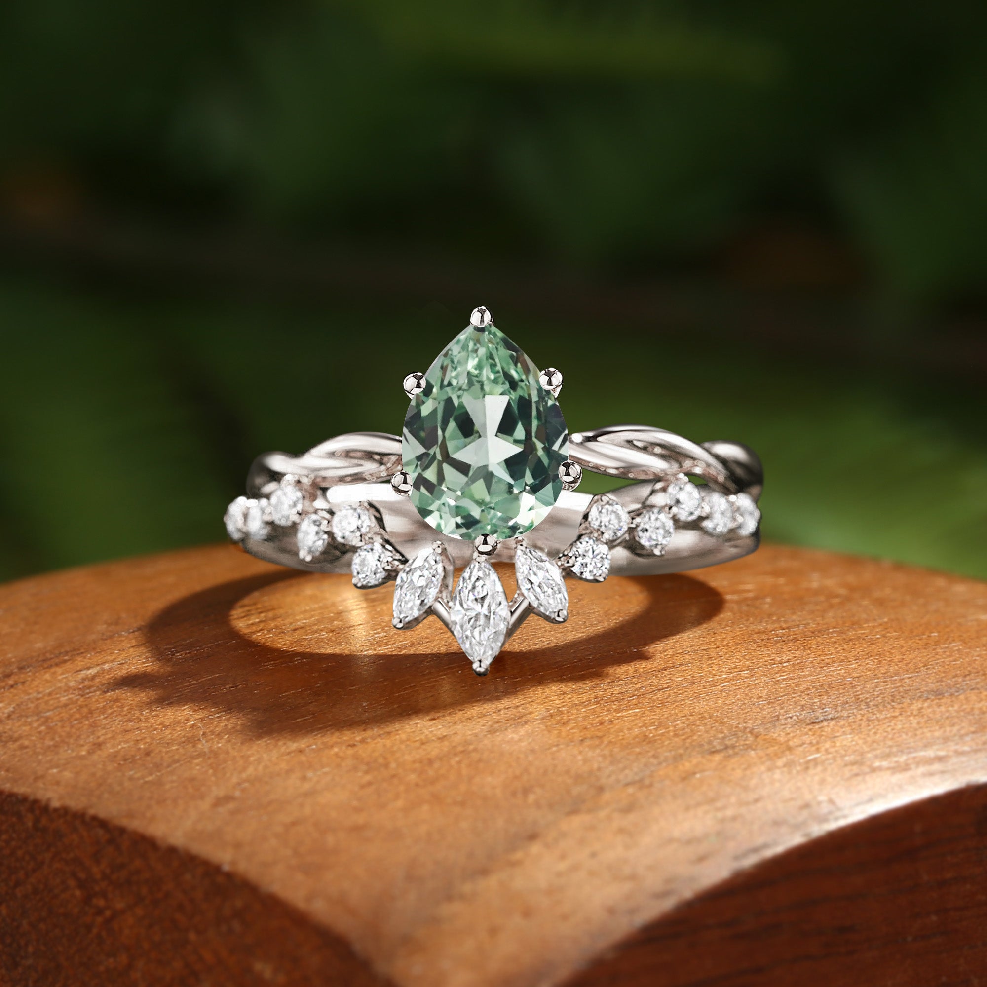 Coralie - Pear Cut Lab Green Sapphire Twist Engagement Ring Set 2pcs