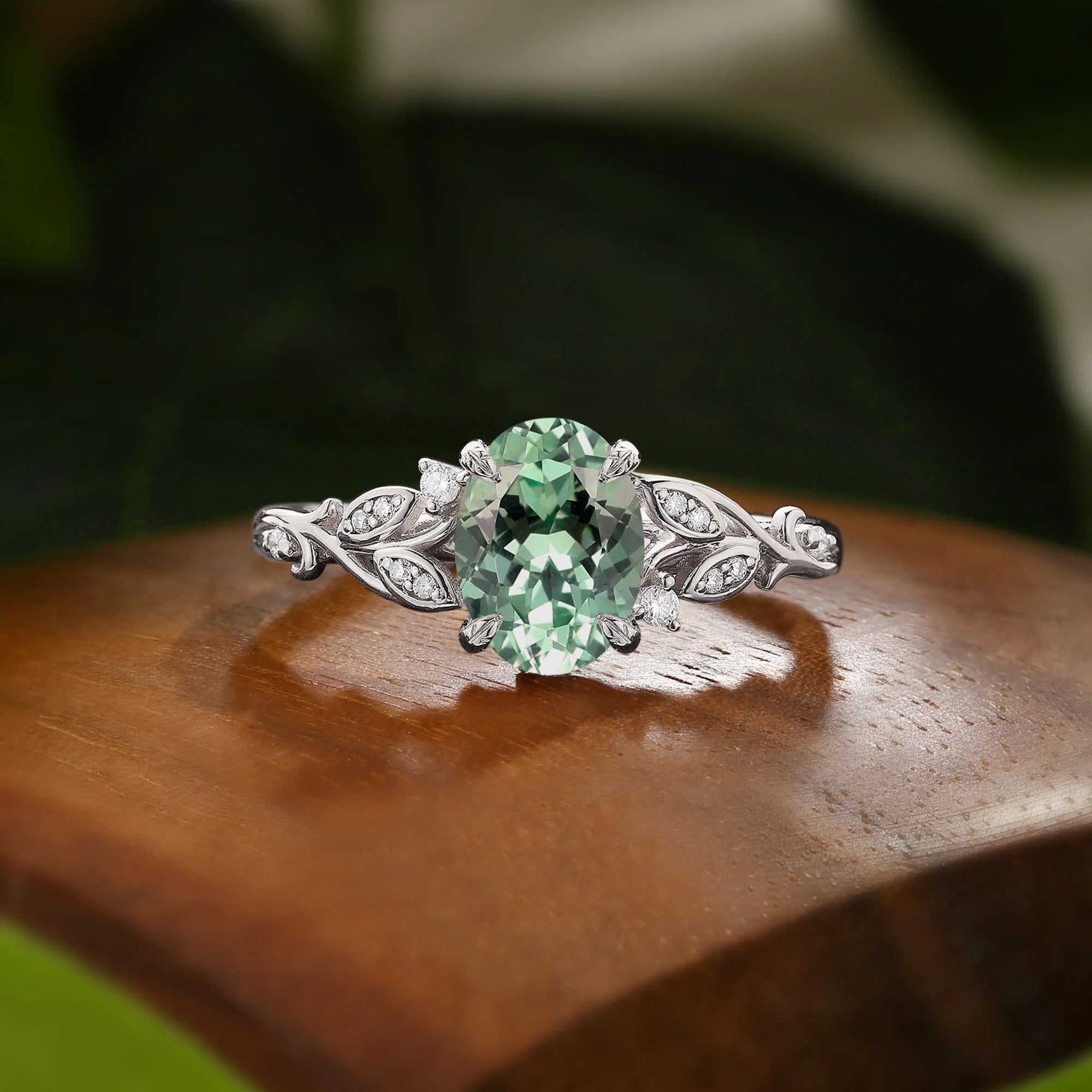Breeze - Lab Grown Light Green Sapphire Leafy Filigree Engagement Ring