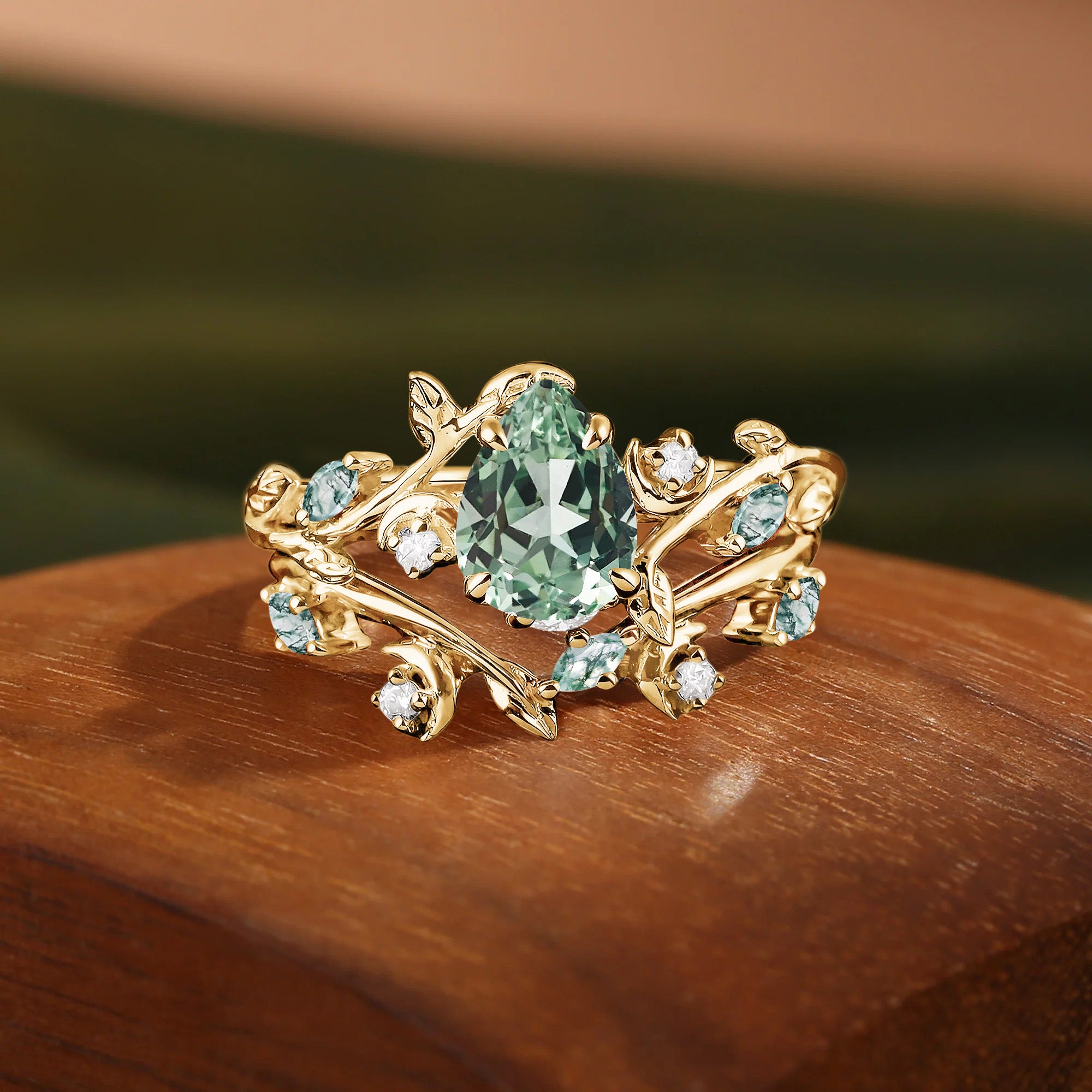 Godelieve - Pear Lab Green Sapphire Embrace Cute Moon Bridal Set 2pcs