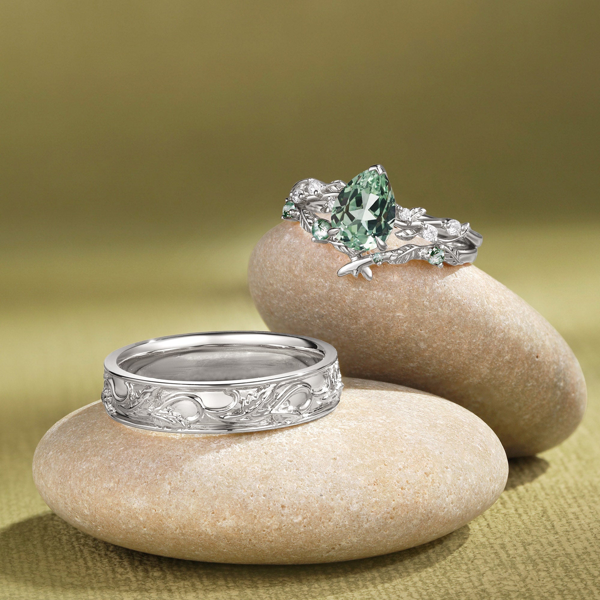 Leaves Inspired Lab Green Sapphire Pear Cut  Couple Ring Set - Clarissa