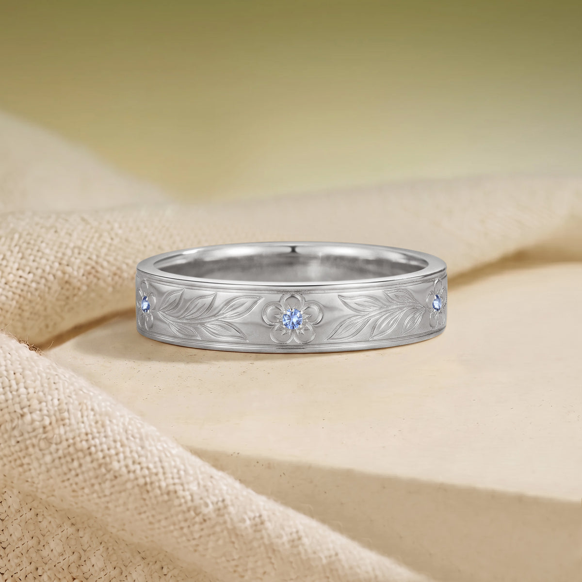 Engraved Cornflower Blue Sapphire Leafy Flower Inspired Anniversary Ring - Men Band