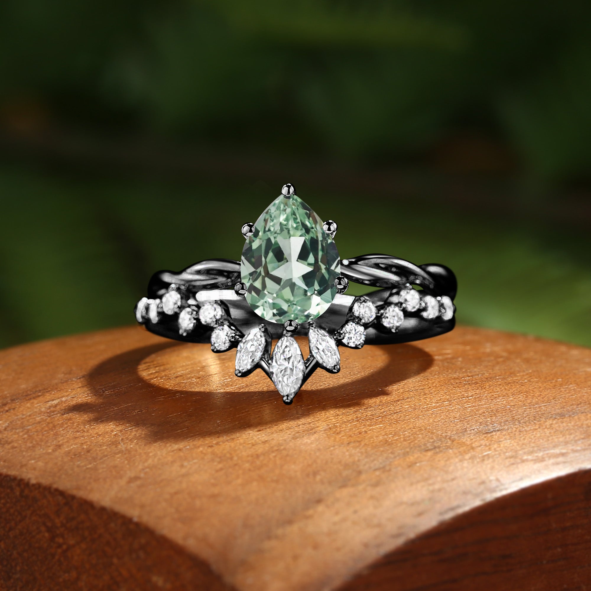 Coralie - Pear Cut Lab Green Sapphire Twist Engagement Ring Set 2pcs