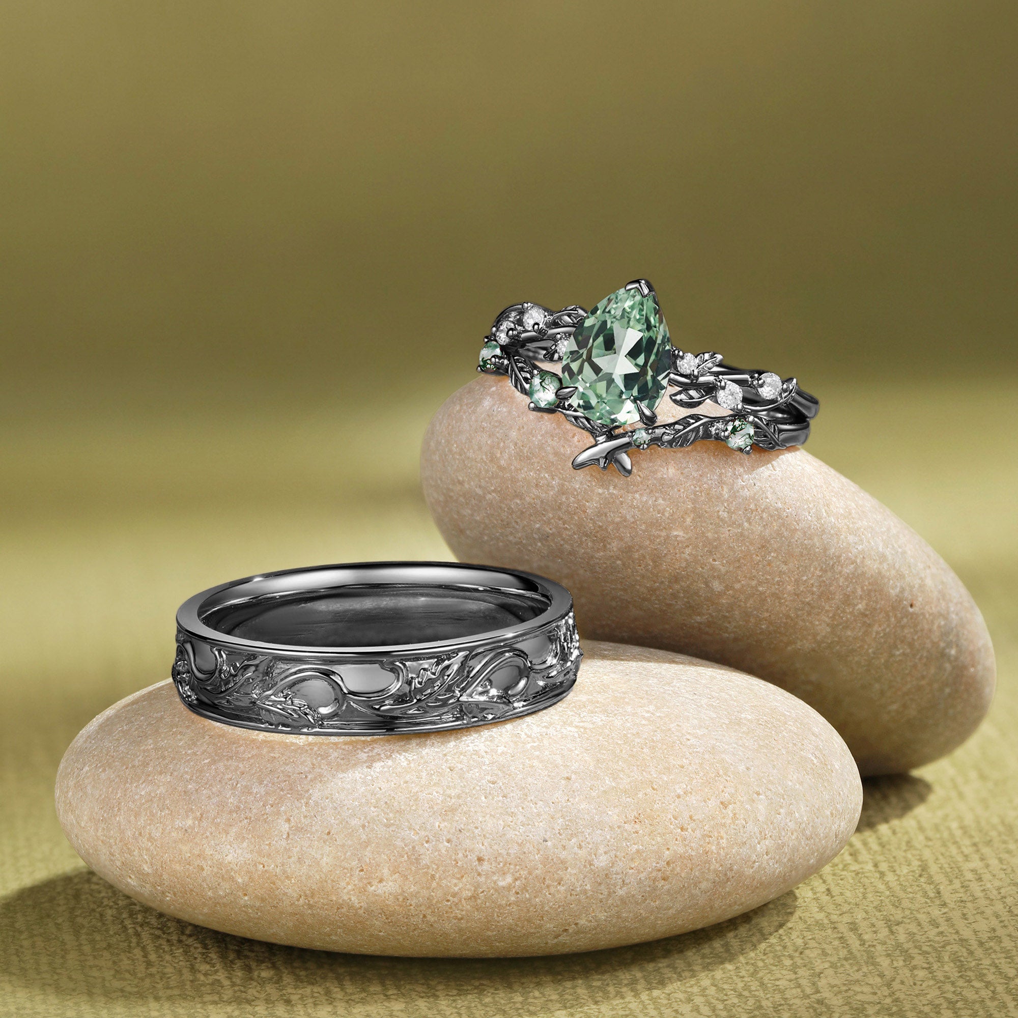 Leaves Inspired Lab Green Sapphire Pear Cut  Couple Ring Set - Clarissa