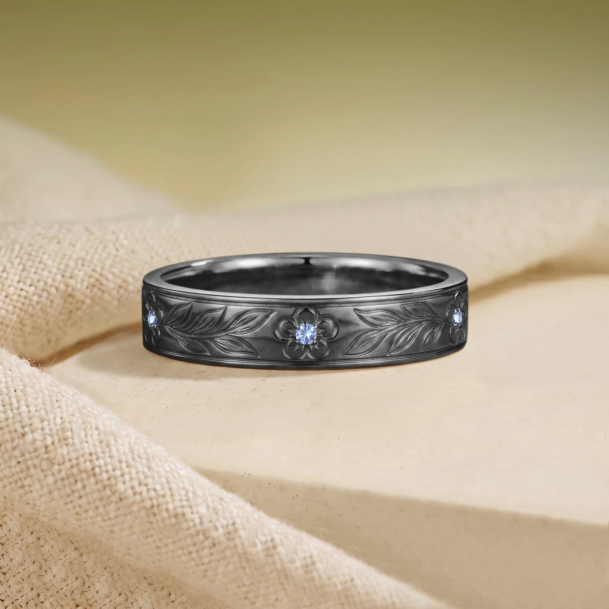 Engraved Cornflower Blue Sapphire Leafy Flower Inspired Anniversary Ring - Men Band