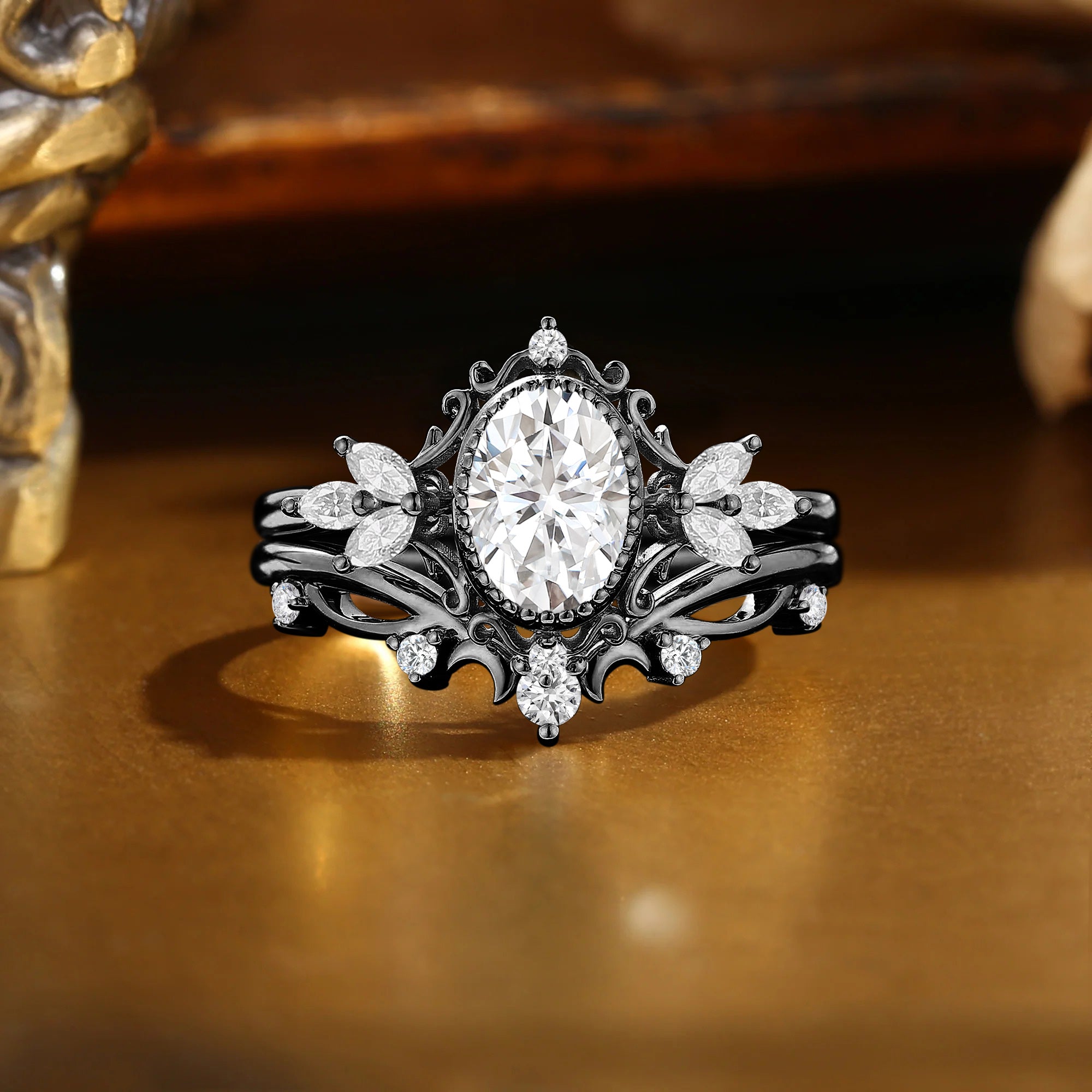 Sabrina - Oval Cut Moissanite Moon Fairy Royalcore Vintage Engagement Ring Set 2Pcs