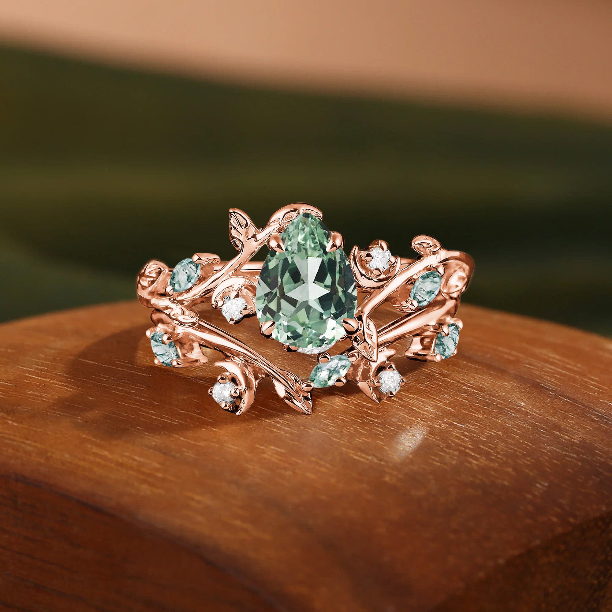 Godelieve - Pear Lab Green Sapphire Embrace Cute Moon Bridal Set 2pcs