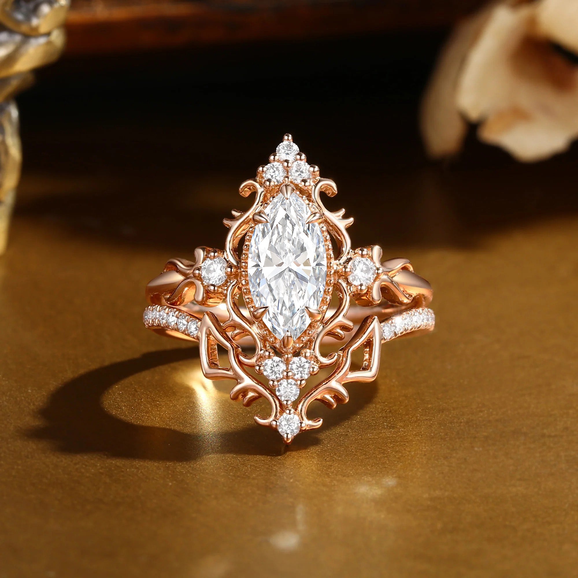 Eugenie - Marquise Cut Lab Grown Diamond Victorian Vintage Ribbon Bridal Sets 2PCS