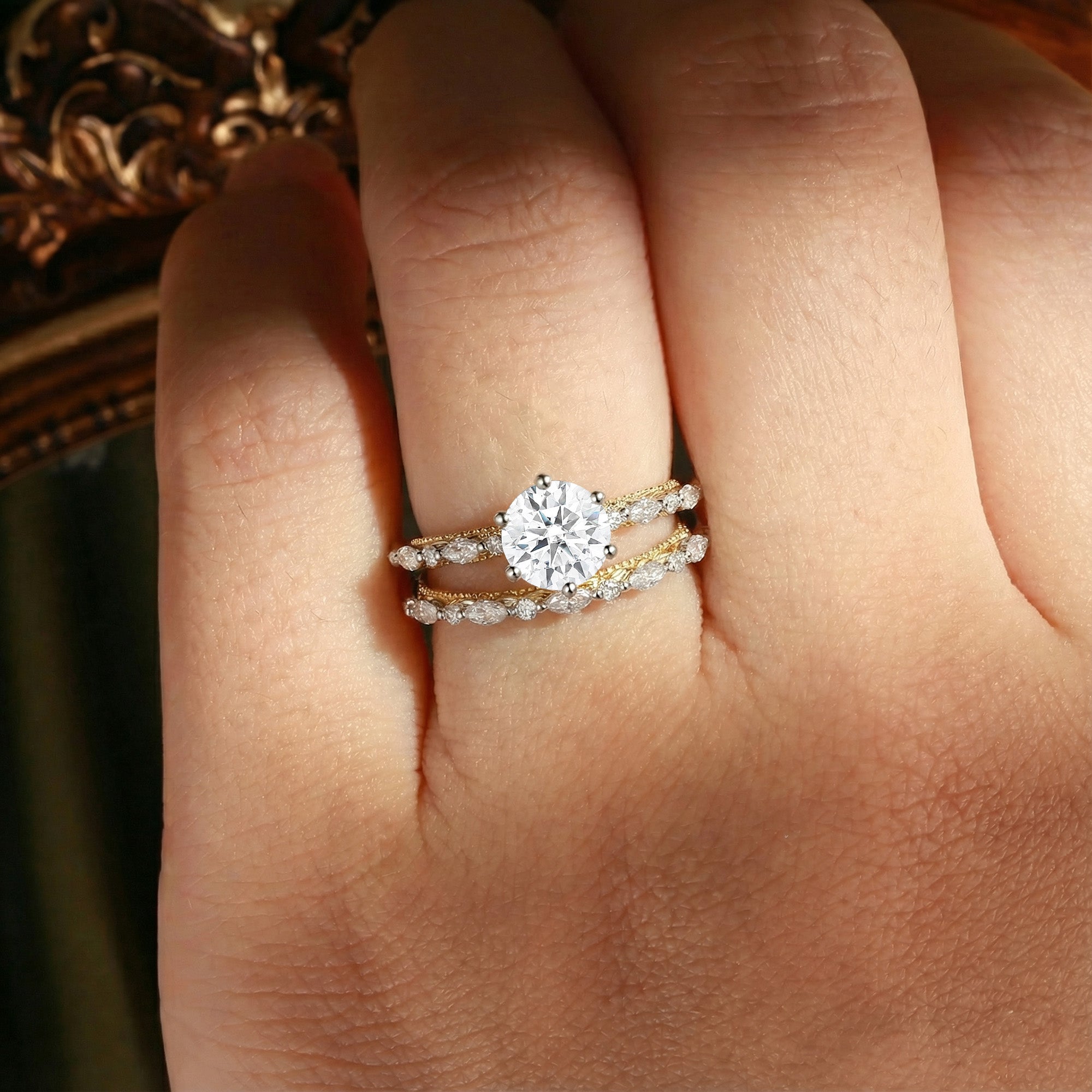 Celeste - Victorian Two Tone Gold Vintage Moissanite Engagement Ring Set 2pcs