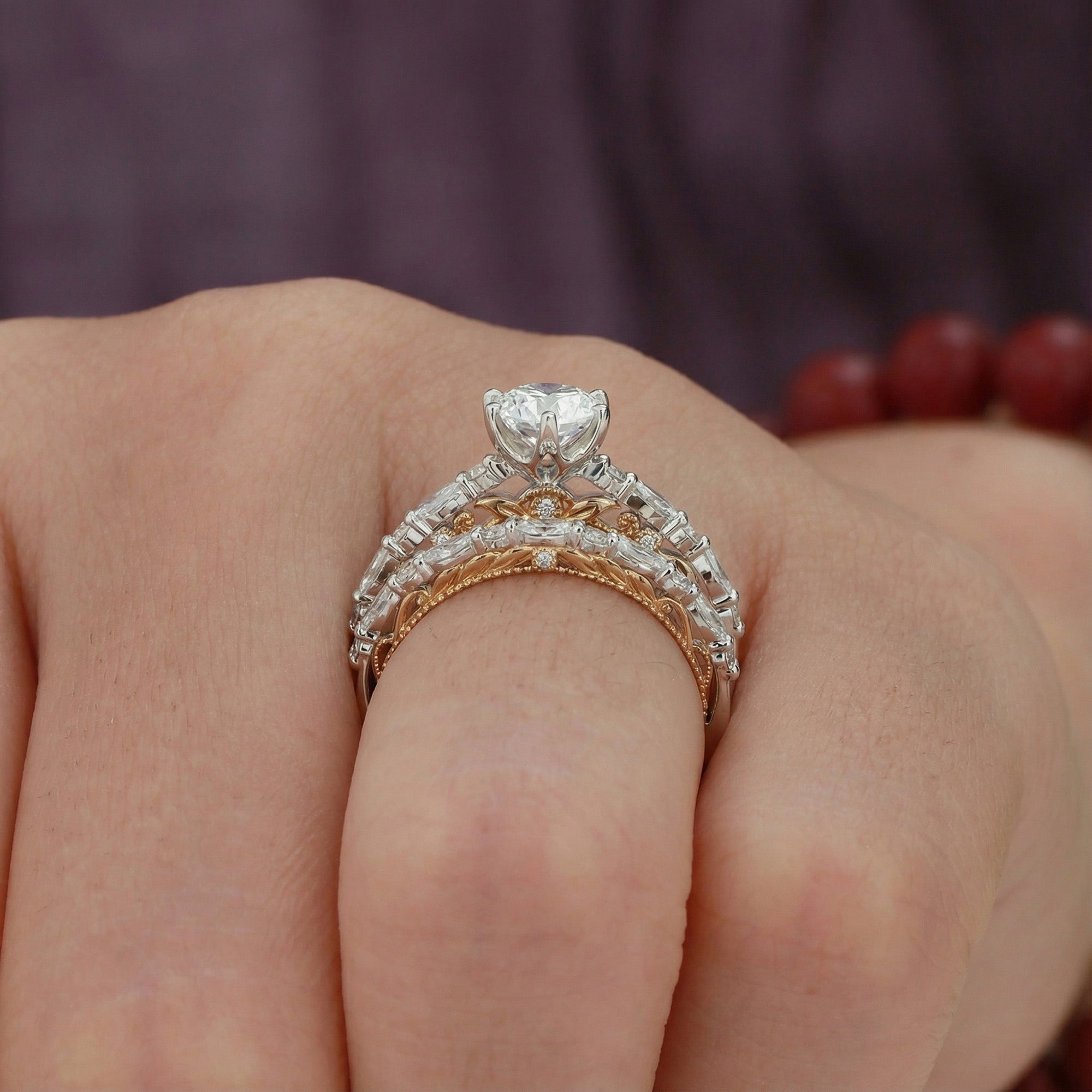 Celeste - Victorian Two Tone Gold Vintage Moissanite Engagement Ring Set 2pcs