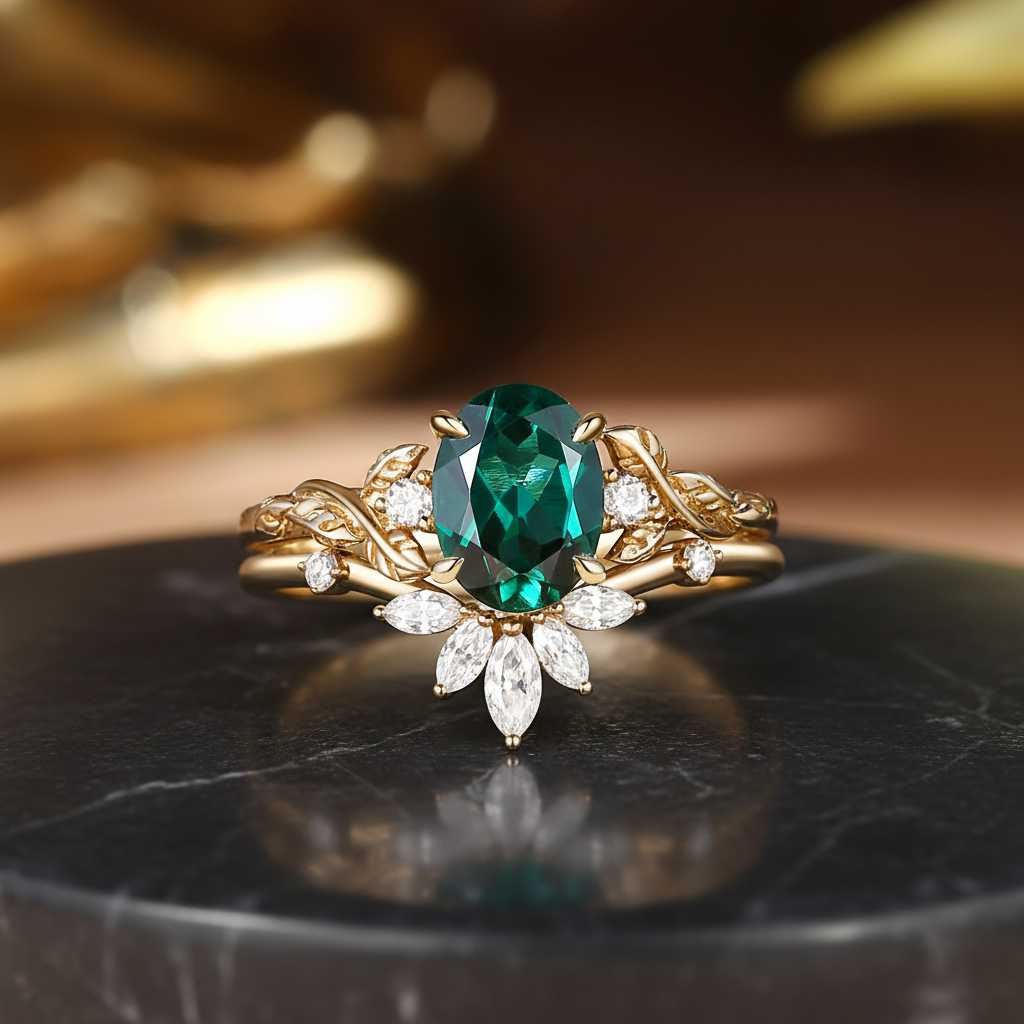 Eden - Lab Emerald Vine Inspired Leafy Bridal Set 2pcs