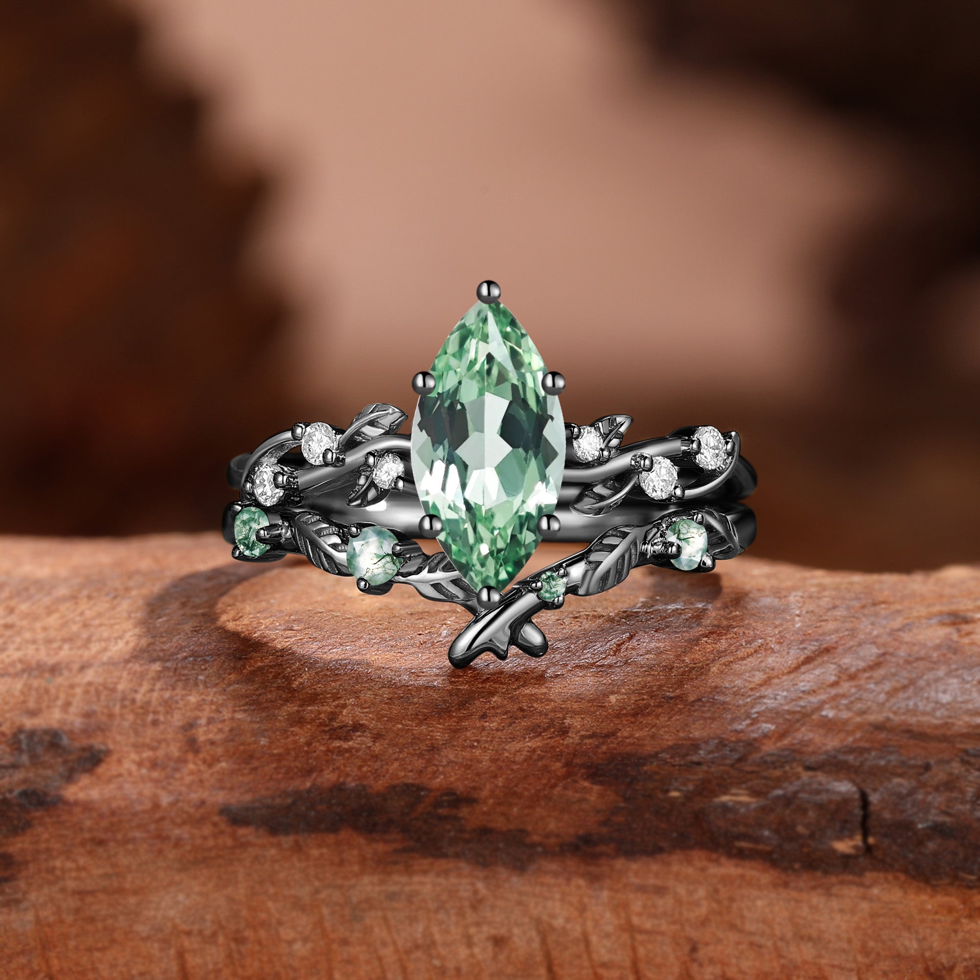 Marquise Cut Lab Mint Green Sapphire Leafy Bridal Set 2pcs - Clarissa