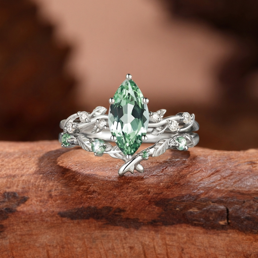 Marquise Cut Lab Mint Green Sapphire Leafy Bridal Set 2pcs - Clarissa