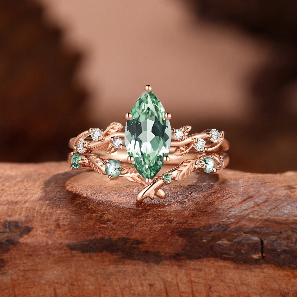 Marquise Cut Lab Mint Green Sapphire Leafy Bridal Set 2pcs - Clarissa