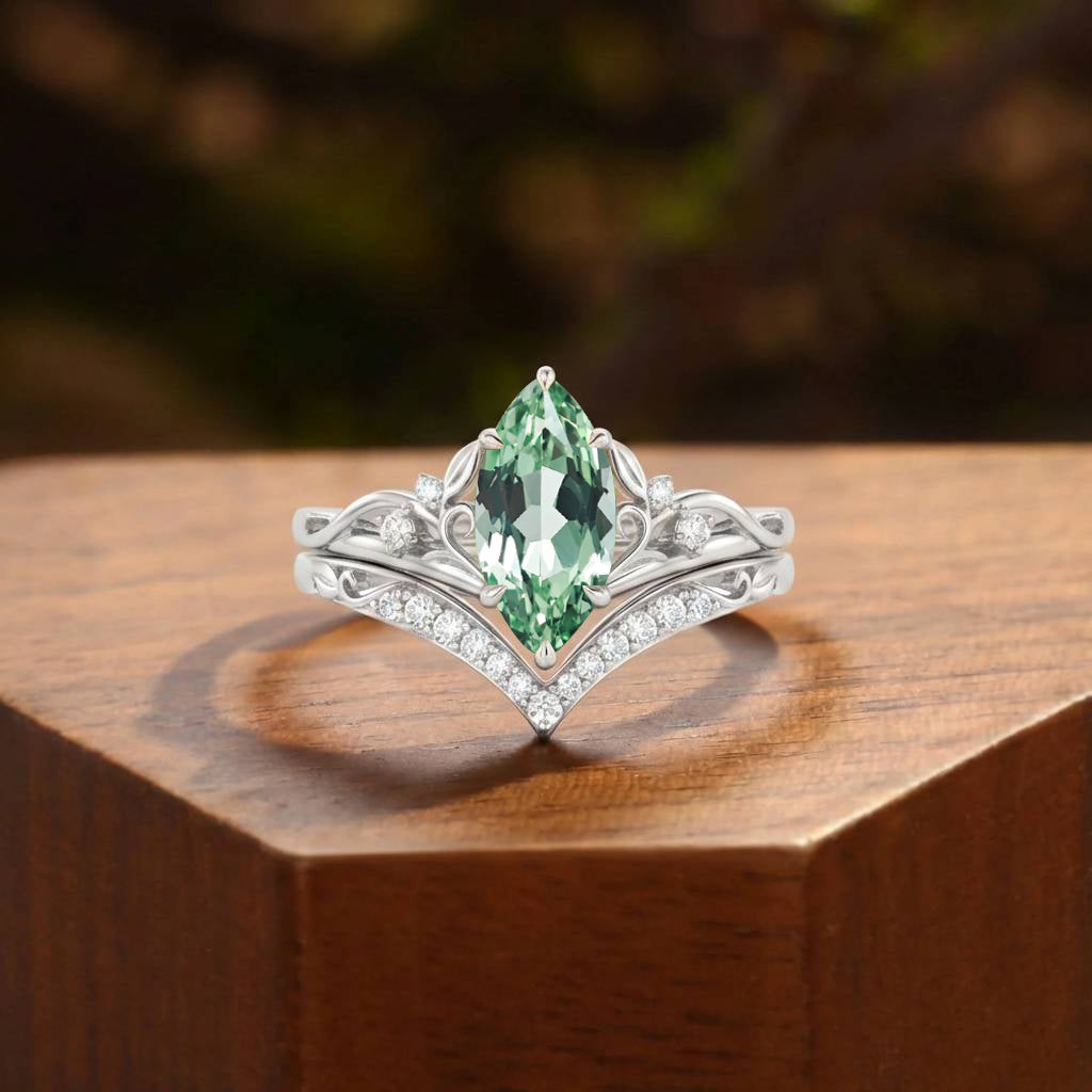 Marquise Cut Green Sapphire Celtic Knot Fairy Bridal Set 2pcs - Felicity
