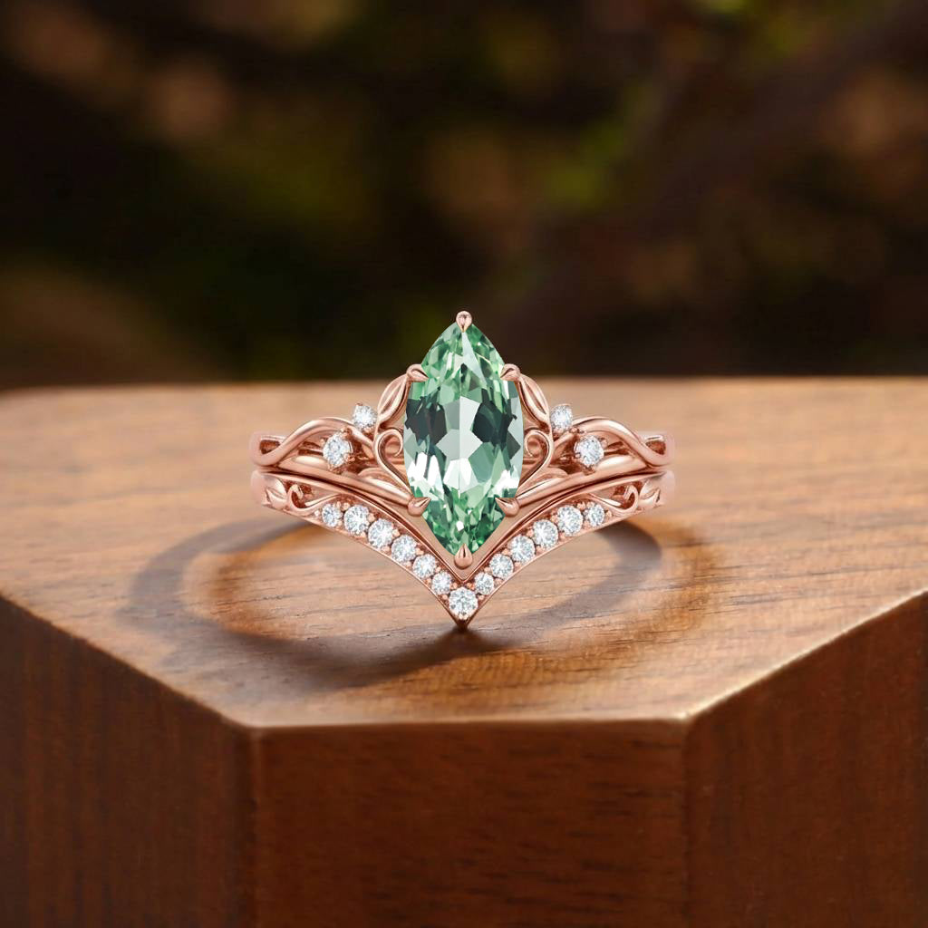 Marquise Cut Green Sapphire Celtic Knot Fairy Bridal Set 2pcs - Felicity