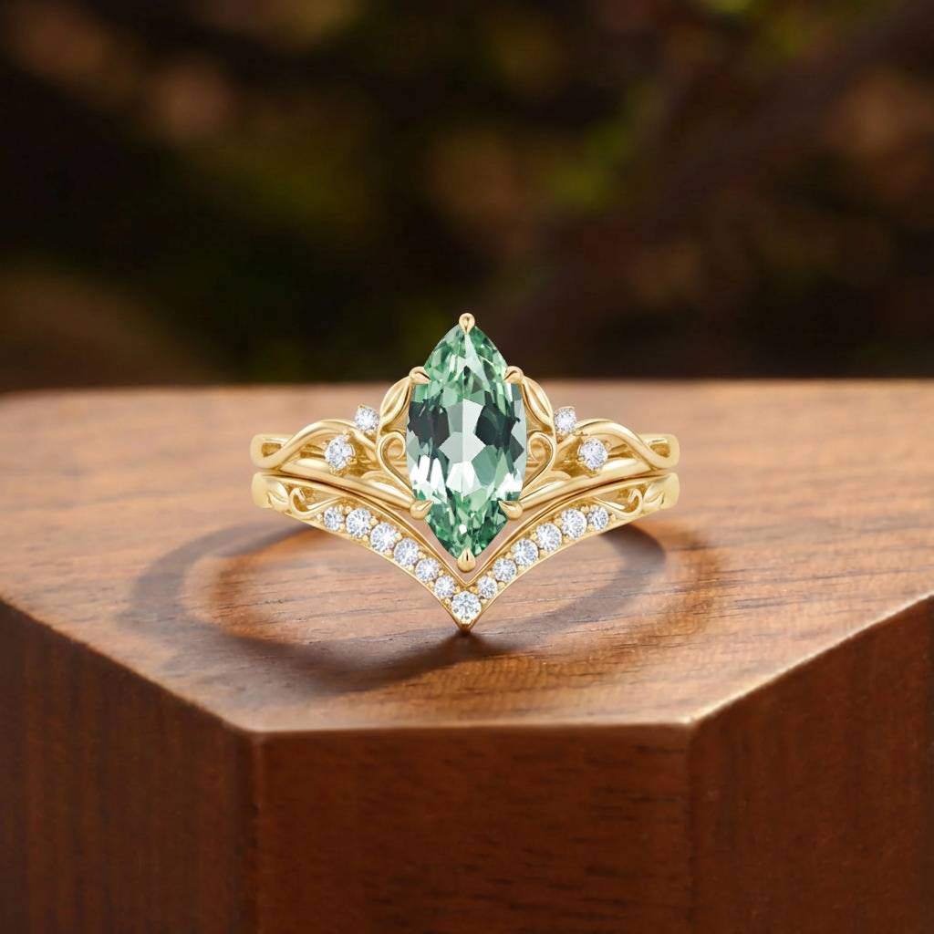 Marquise Cut Green Sapphire Celtic Knot Fairy Bridal Set 2pcs - Felicity