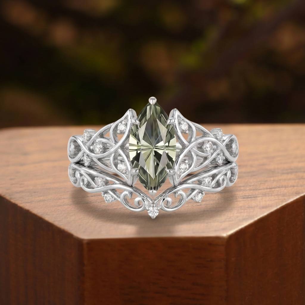 Forest Fairy Marquise Firework Cut Green Sapphire Celtic Knot Bridal Set 2pcs - Felicity