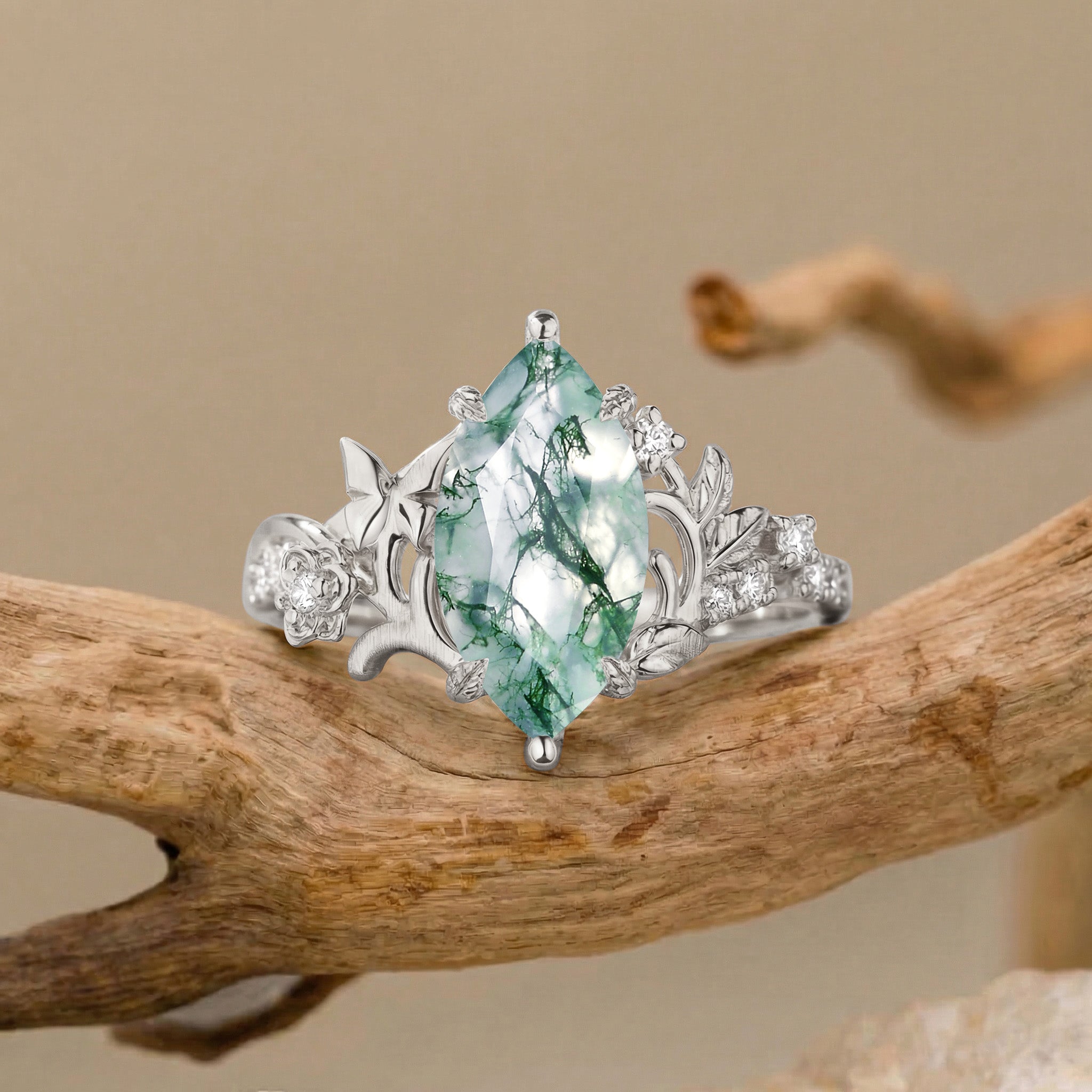 Garden Marquise Cut Moss Agate Nature Inspired Engagement Ring - Florentina