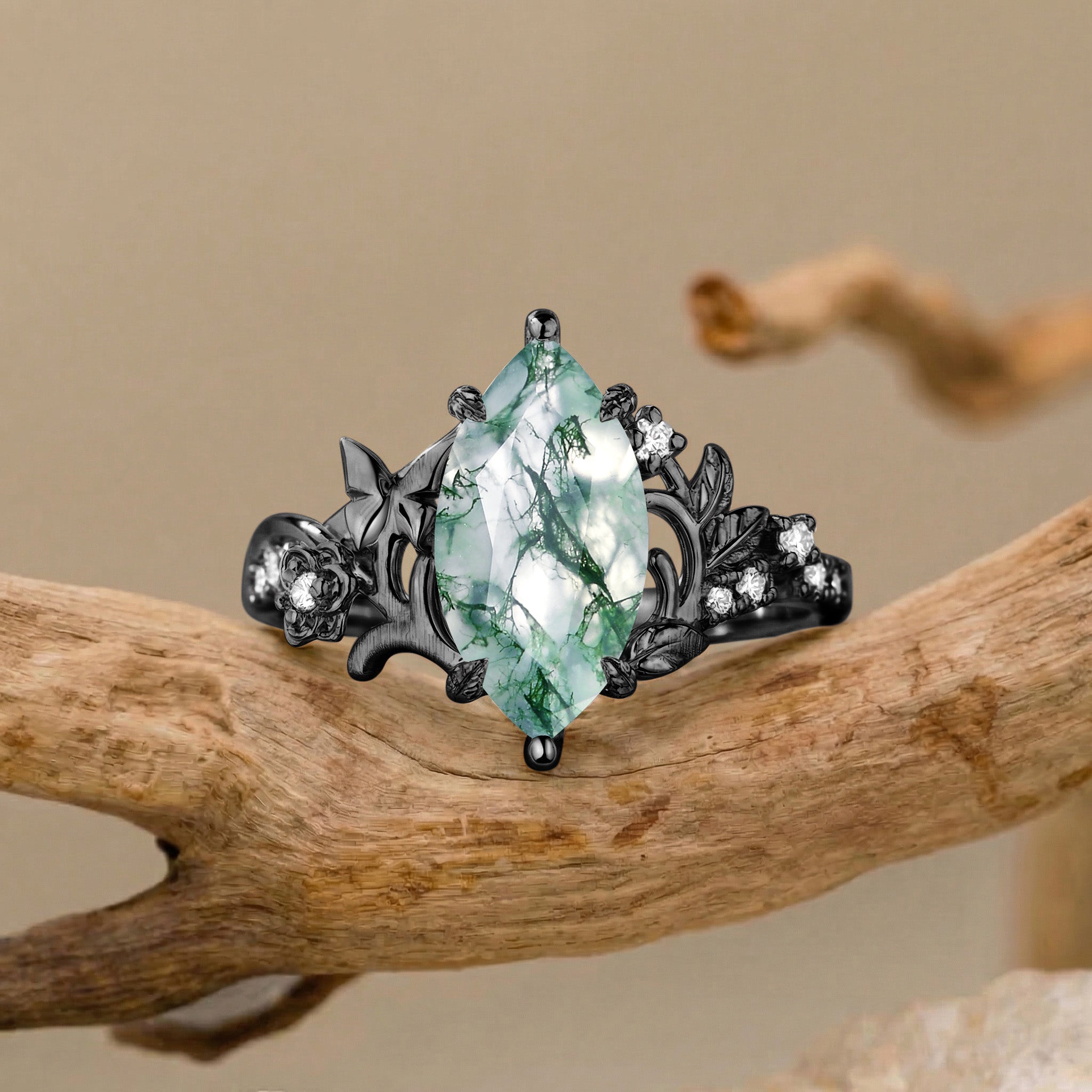 Garden Marquise Cut Moss Agate Nature Inspired Engagement Ring - Florentina