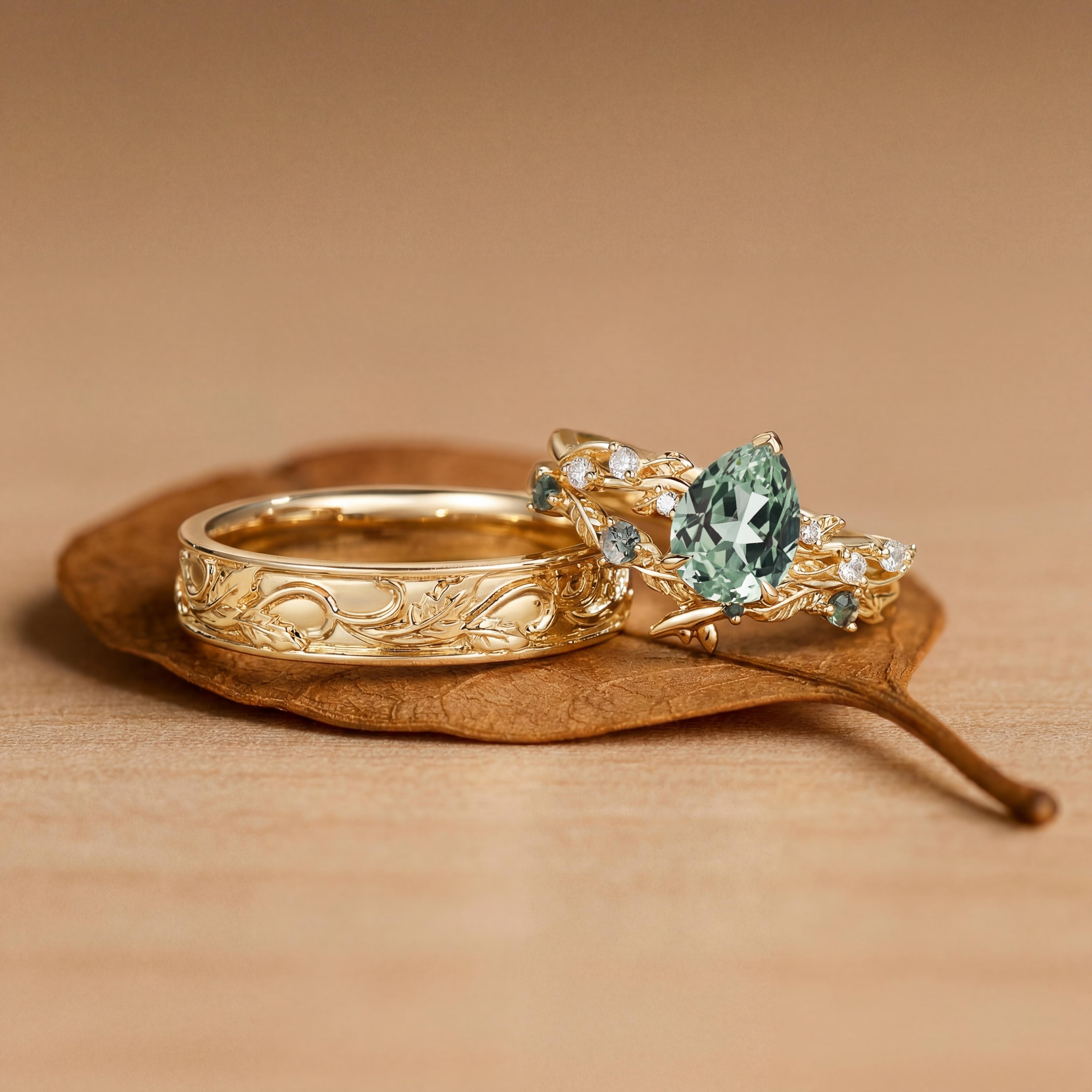 Leaves Inspired Lab Green Sapphire Pear Cut  Couple Ring Set - Clarissa