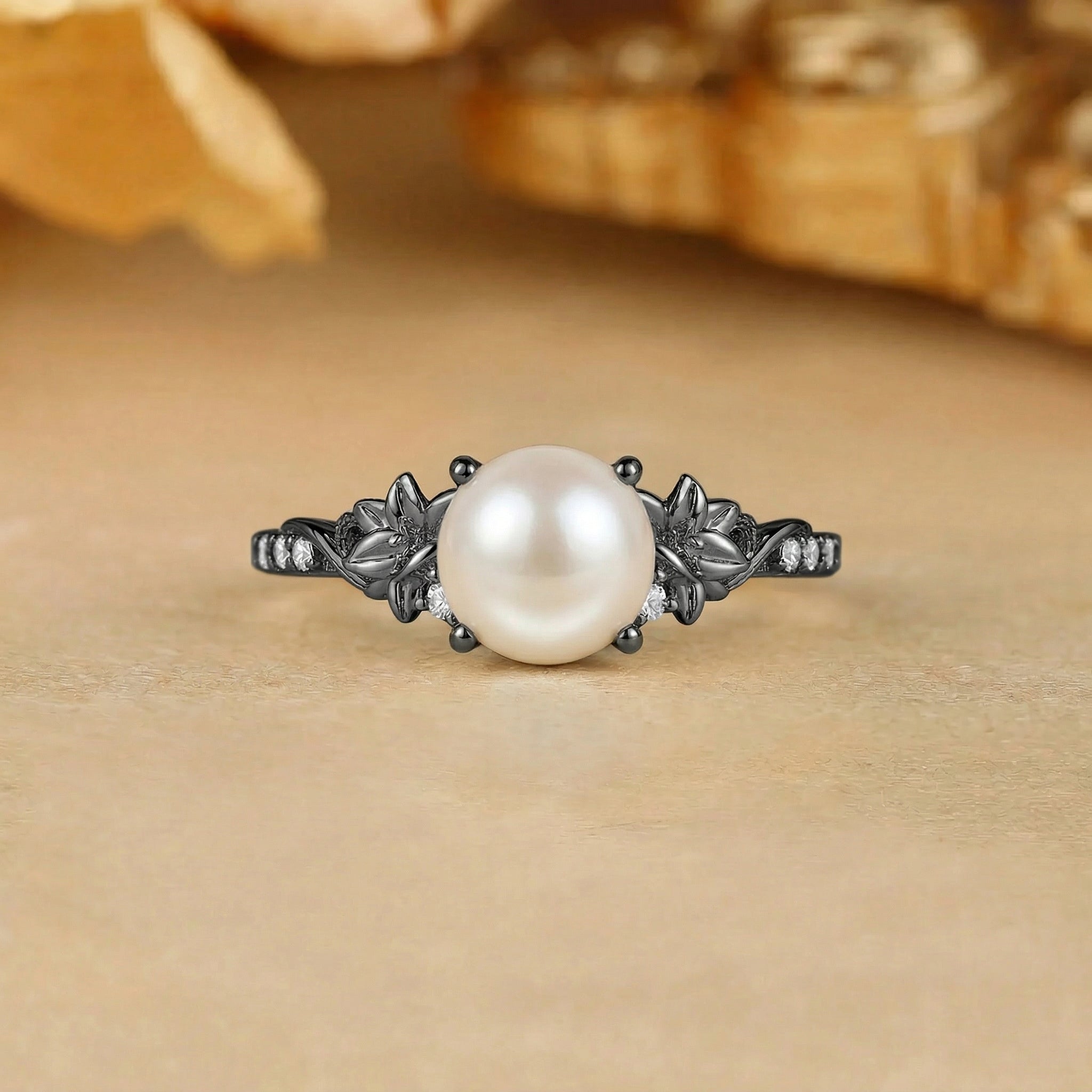 Floral Round Cut Pearl Flower Leafy Engagement Ring - Citronella