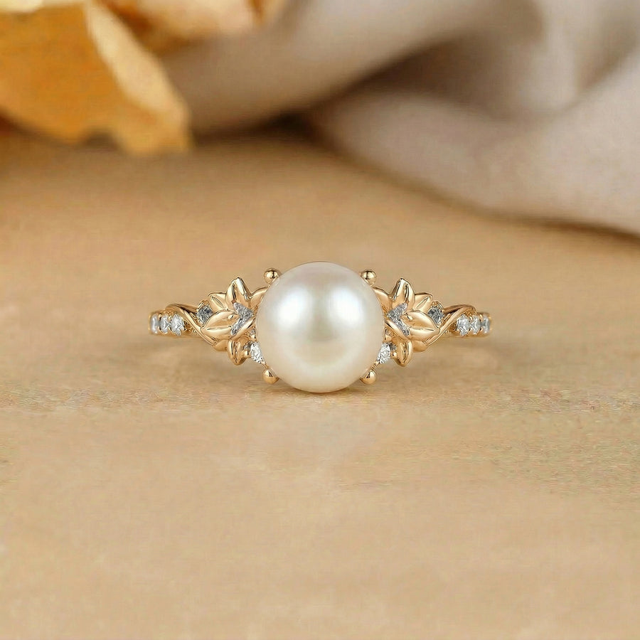 Floral Round Cut Pearl Flower Leafy Engagement Ring - Citronella