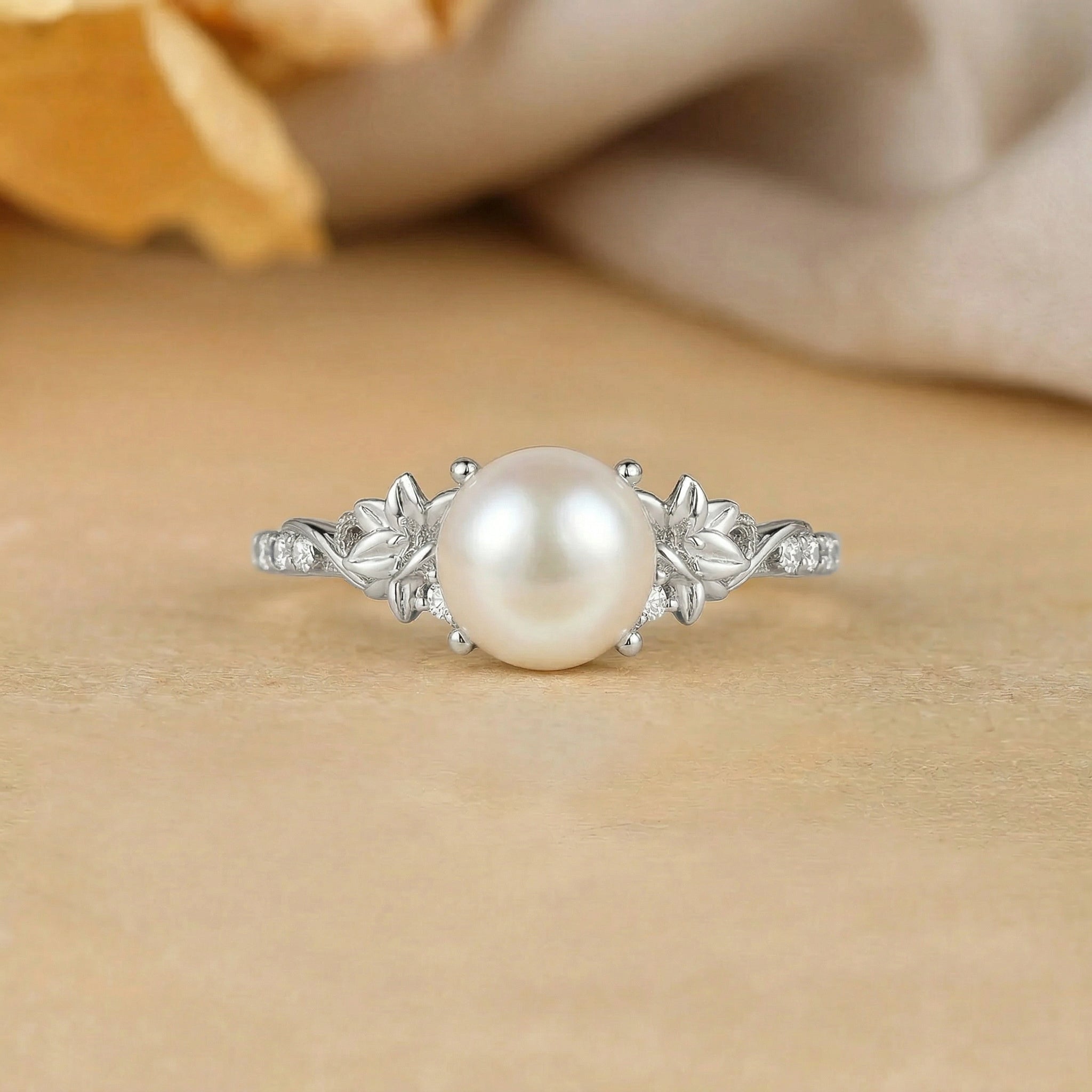 Floral Round Cut Pearl Flower Leafy Engagement Ring - Citronella