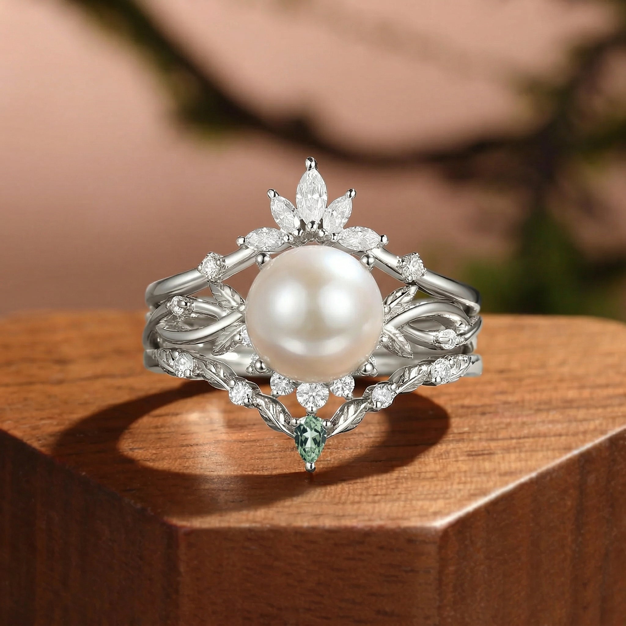 Round Pearl Twist Inspired Enhancer Engagement Ring Set 3pcs - Drisana