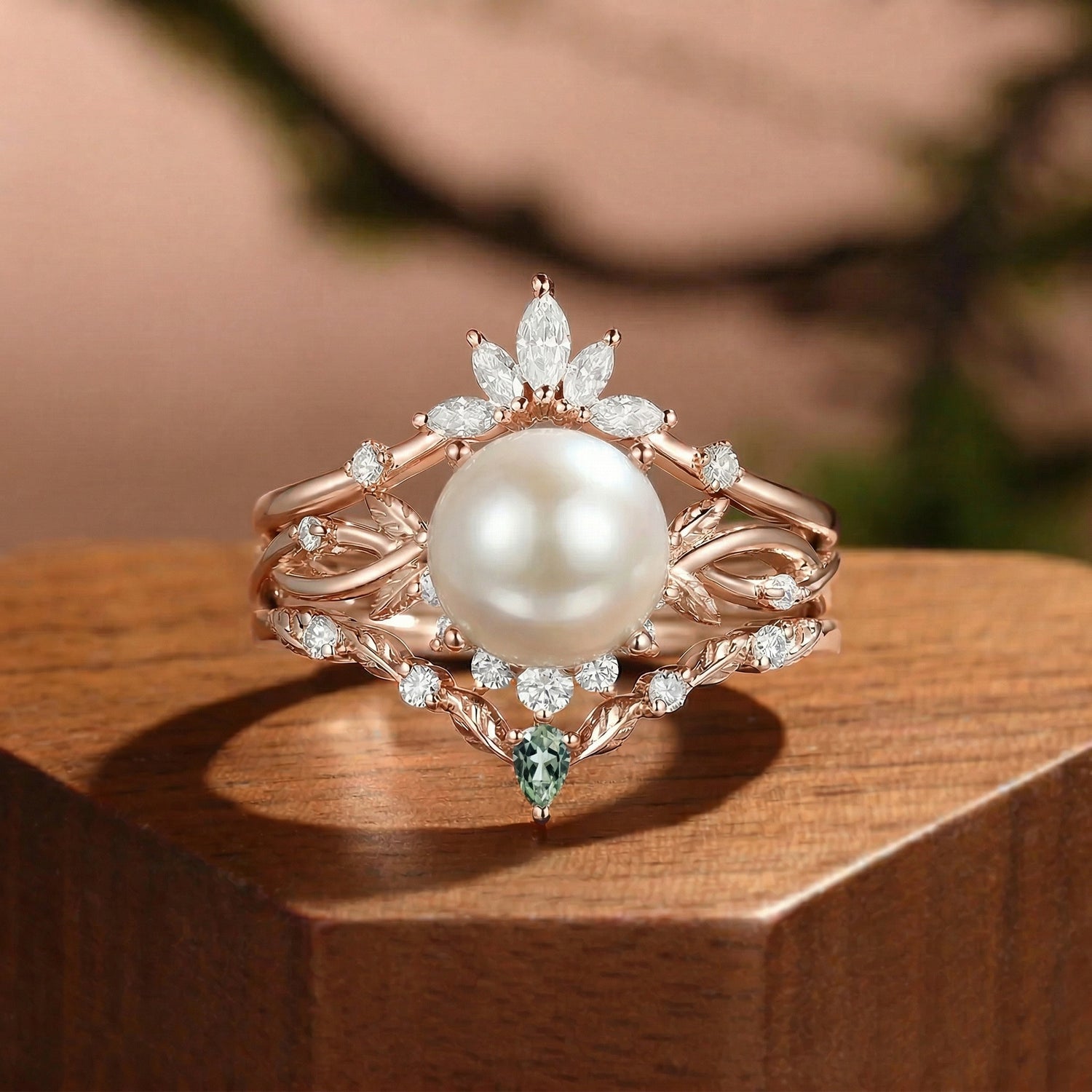 Round Pearl Twist Inspired Enhancer Engagement Ring Set 3pcs - Drisana