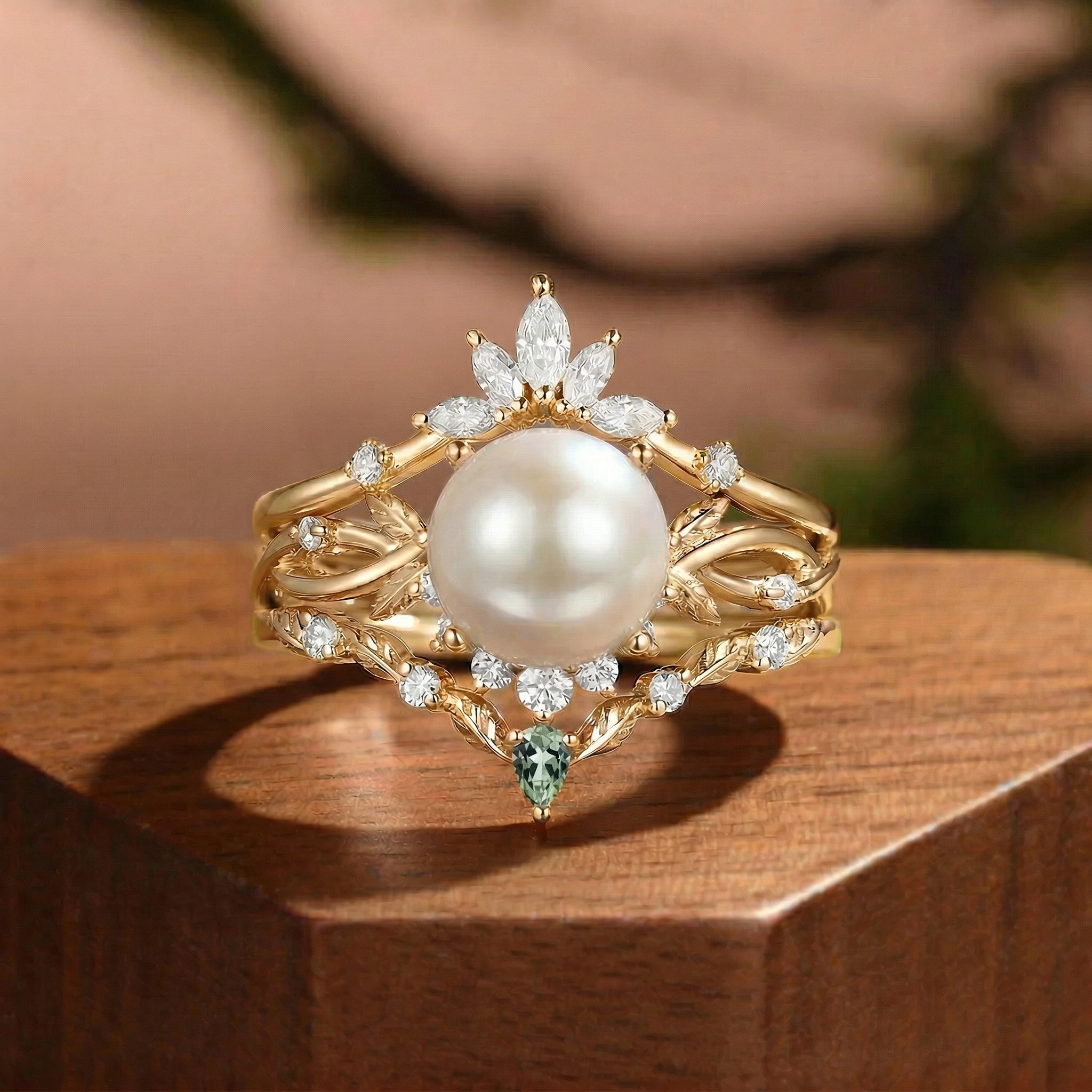 Round Pearl Twist Inspired Enhancer Engagement Ring Set 3pcs - Drisana