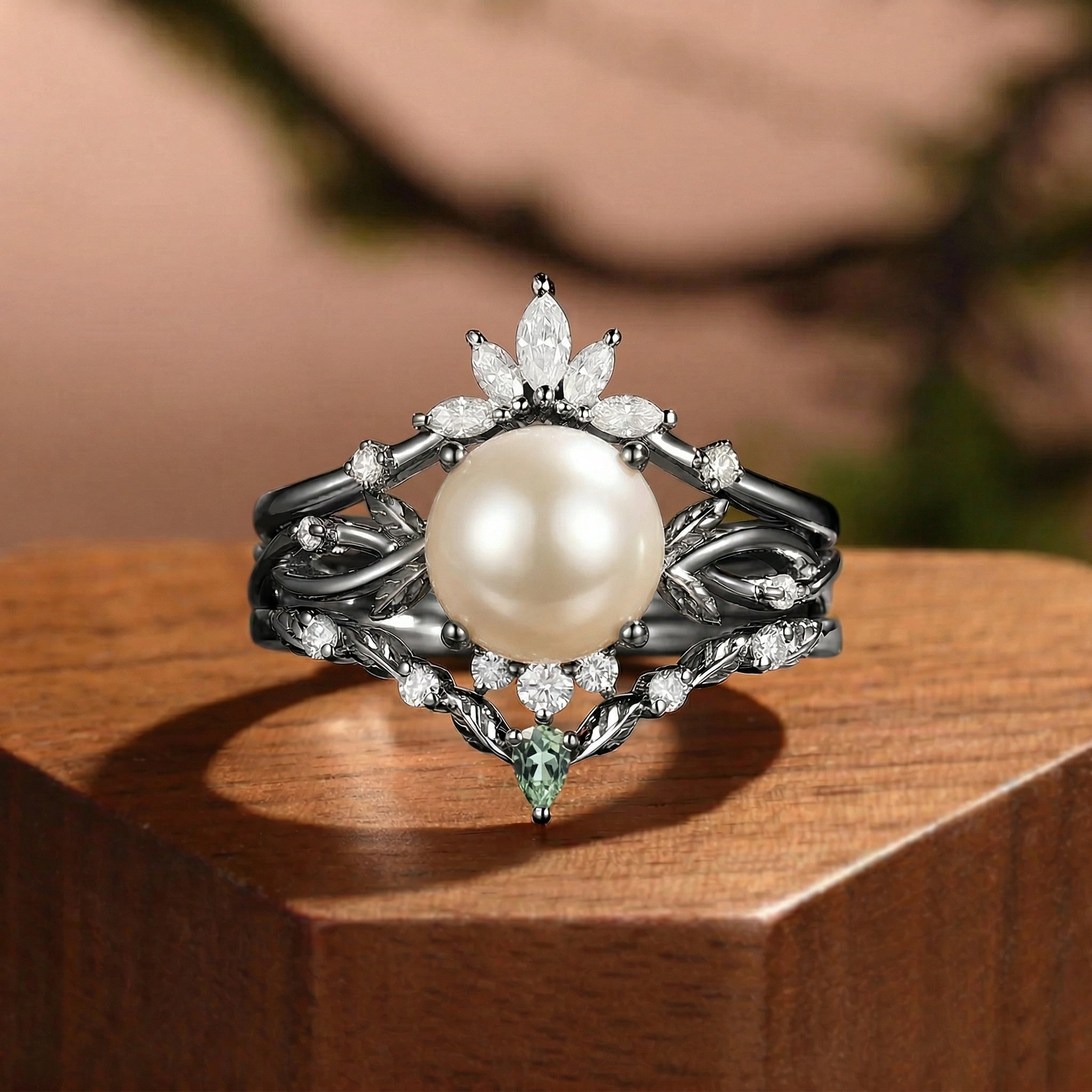 Round Pearl Twist Inspired Enhancer Engagement Ring Set 3pcs - Drisana