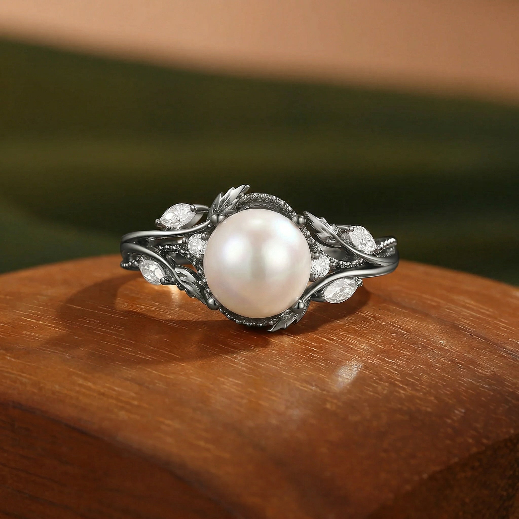 Filigree Leafy Round Cut Pearl Engagement Ring - Hesper