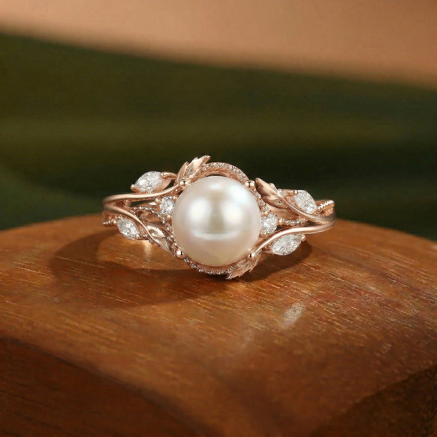 Filigree Leafy Round Cut Pearl Engagement Ring - Hesper