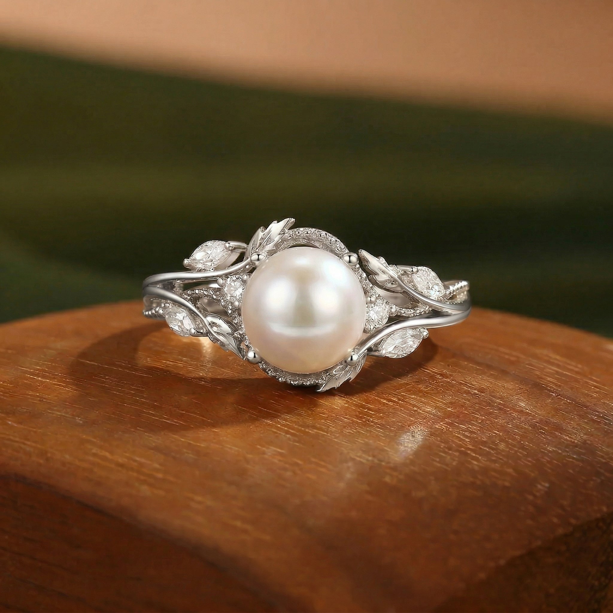 Filigree Leafy Round Cut Pearl Engagement Ring - Hesper