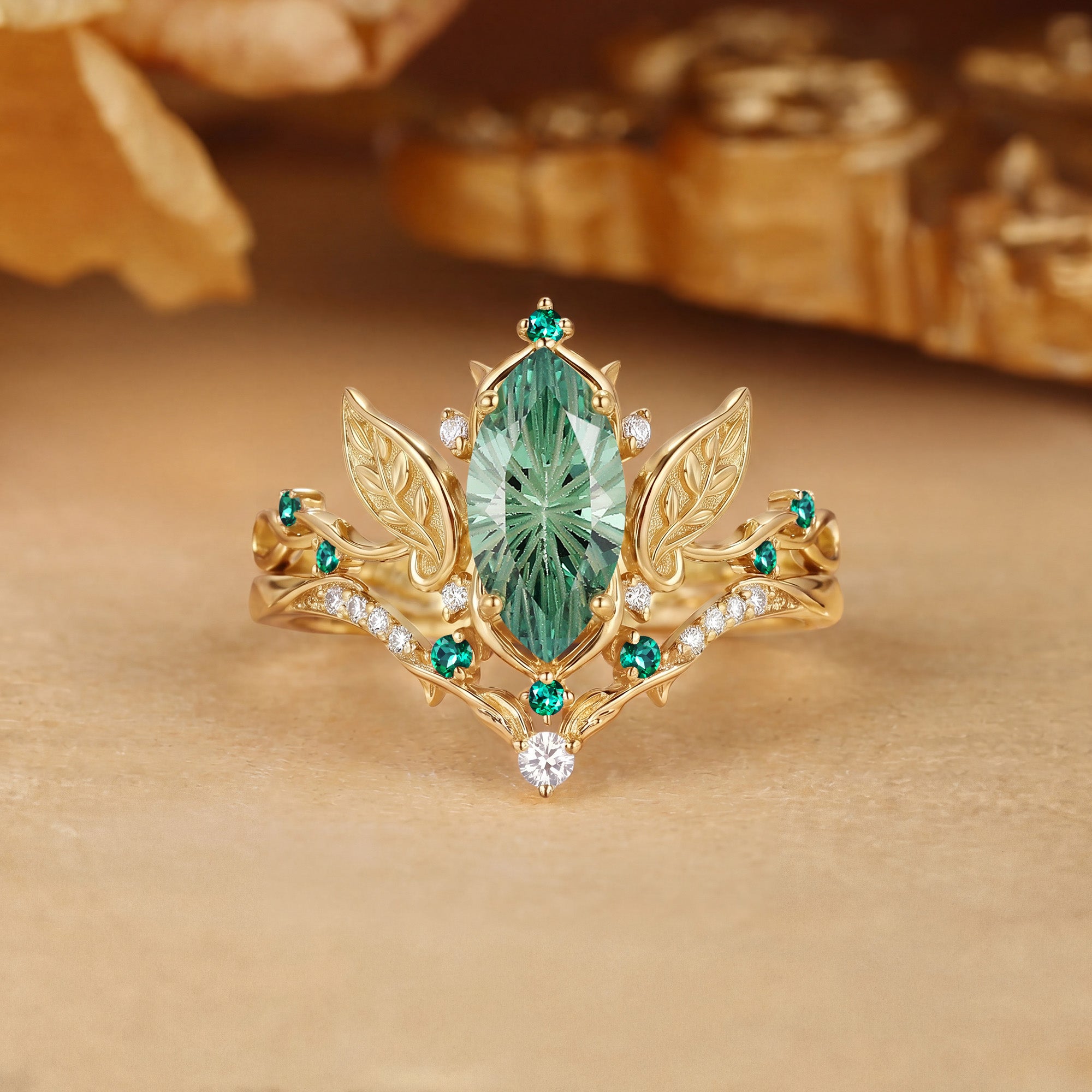 Forest Fairy Marquise Firework Cut Green Sapphire Leafy Vine Engagement Ring Set 2pcs - Fawn