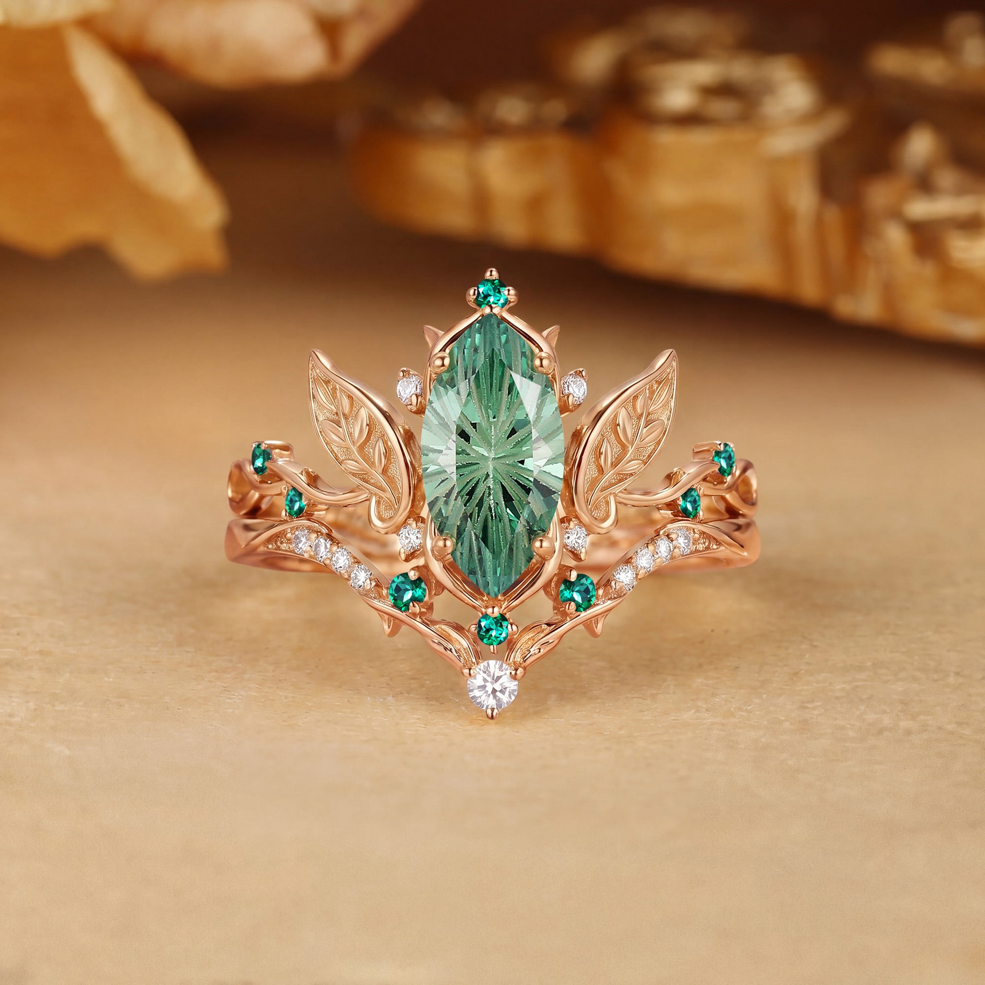 Forest Fairy Marquise Firework Cut Green Sapphire Leafy Vine Engagement Ring Set 2pcs - Fawn