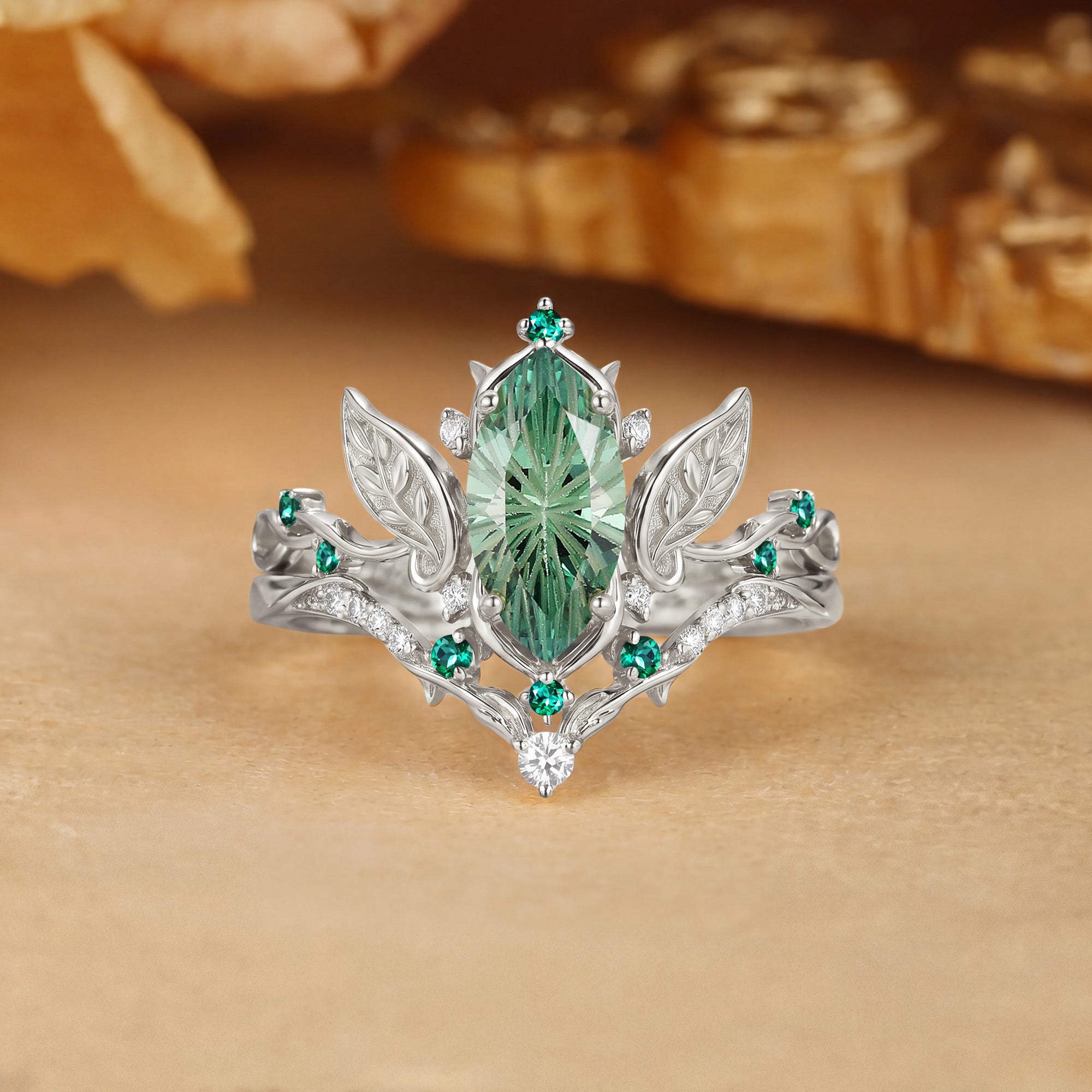 Forest Fairy Marquise Firework Cut Green Sapphire Leafy Vine Engagement Ring Set 2pcs - Fawn