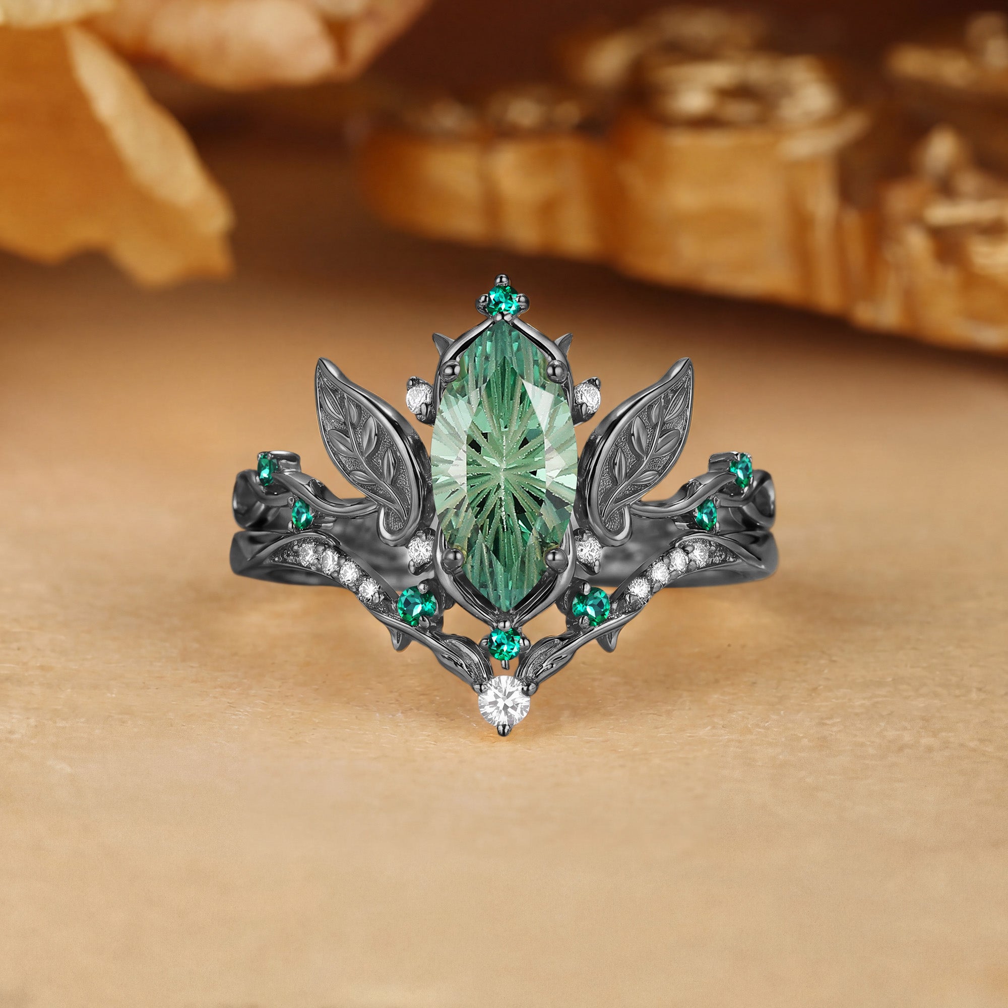 Forest Fairy Marquise Firework Cut Green Sapphire Leafy Vine Engagement Ring Set 2pcs - Fawn
