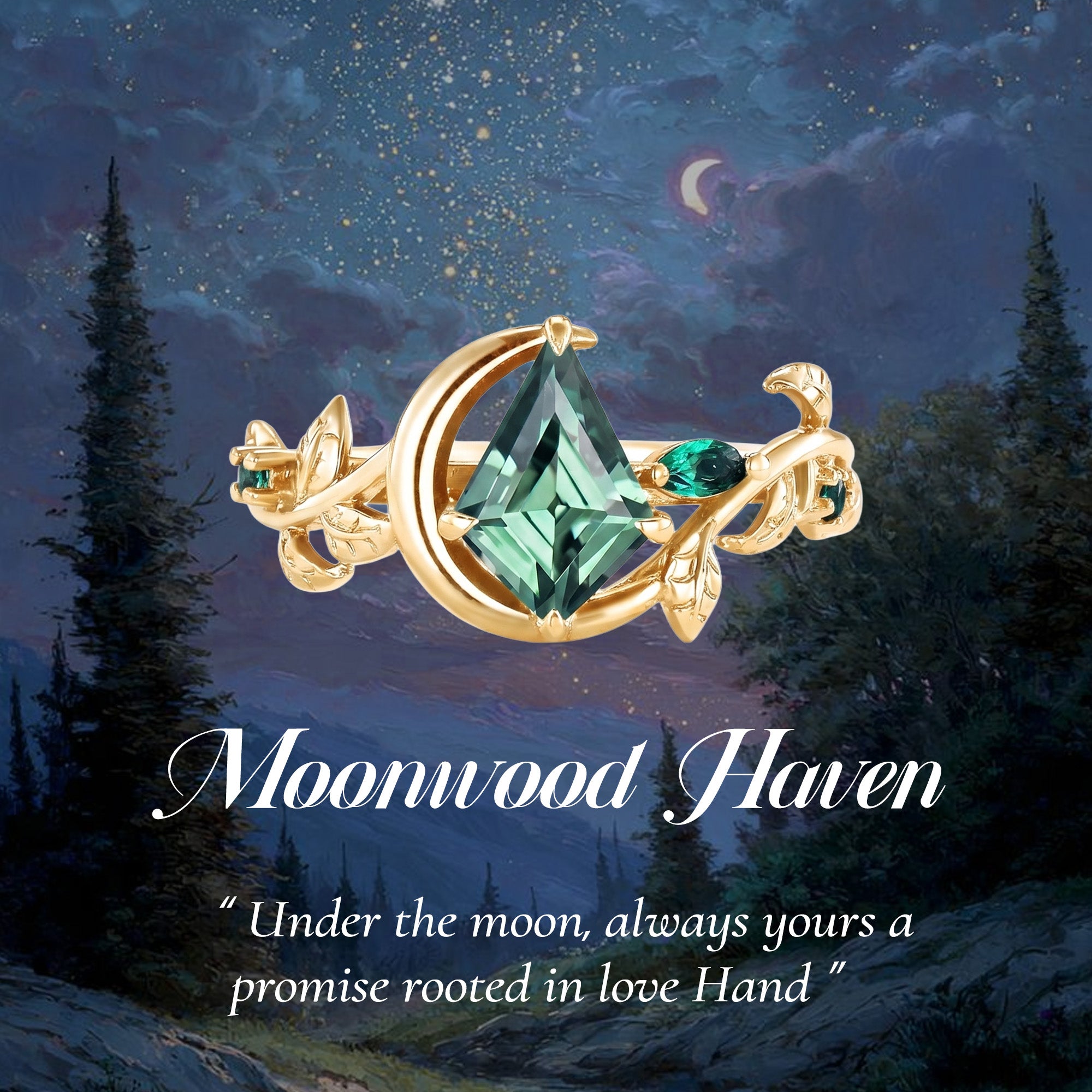 1.5CT Kite Cut Lab Green Sapphire Crescent Moon & Leaf Engagement Ring - Helene