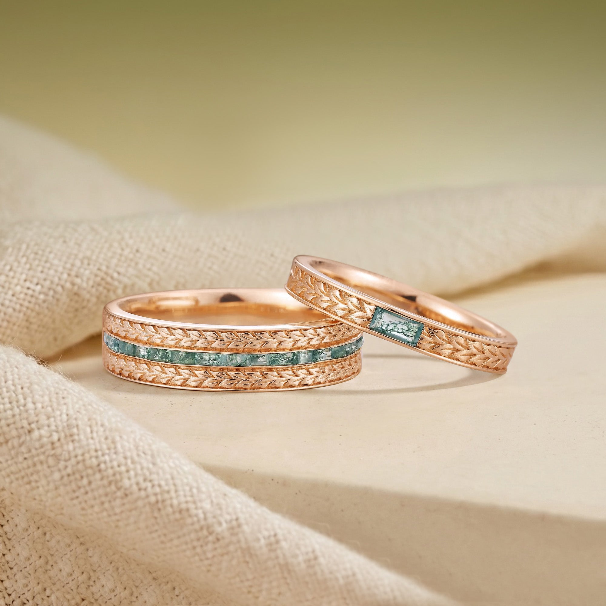 Wheat Harvest Moss Agate Baguette Engraved Couple Wedding Band - Velda
