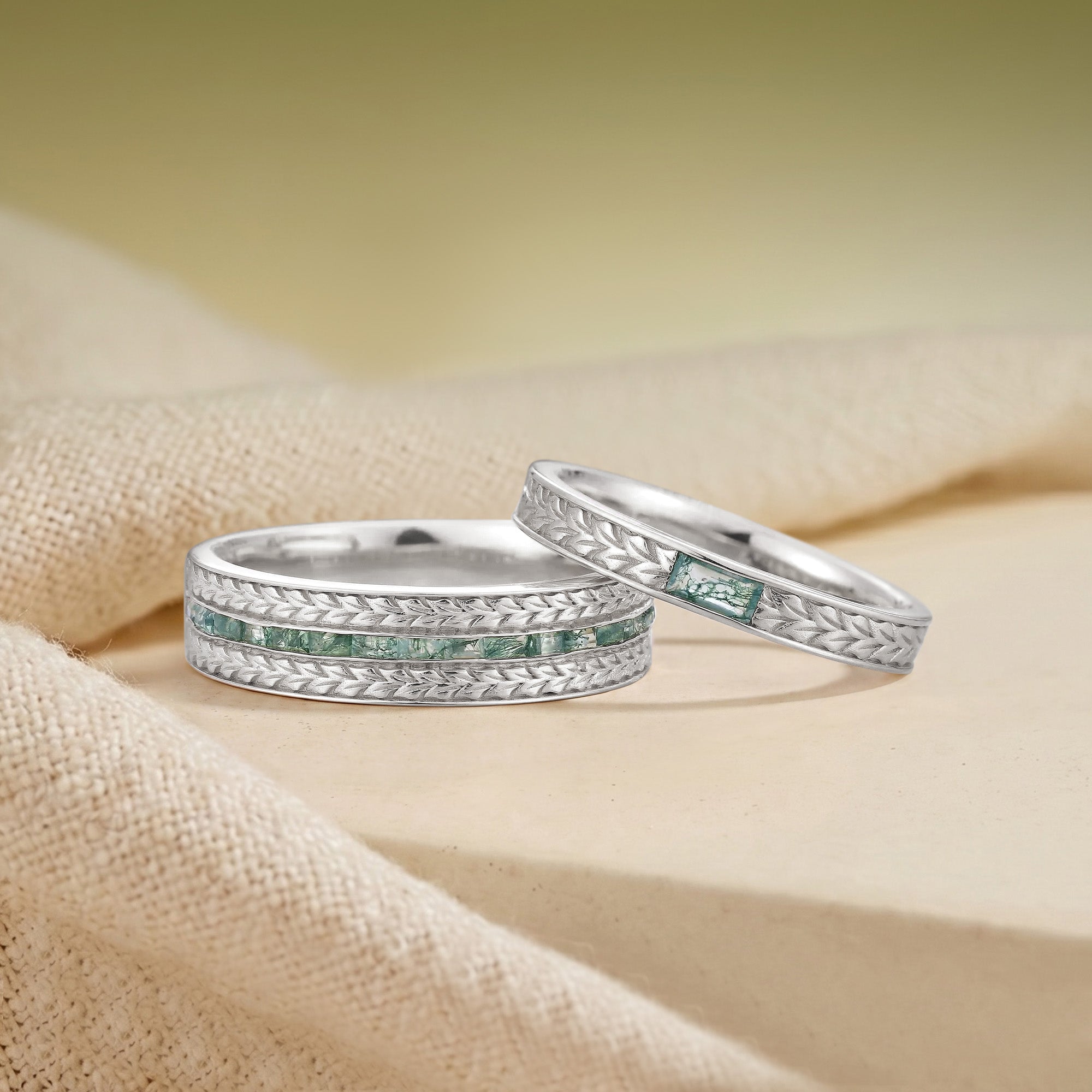 Wheat Harvest Moss Agate Baguette Engraved Couple Wedding Band - Velda