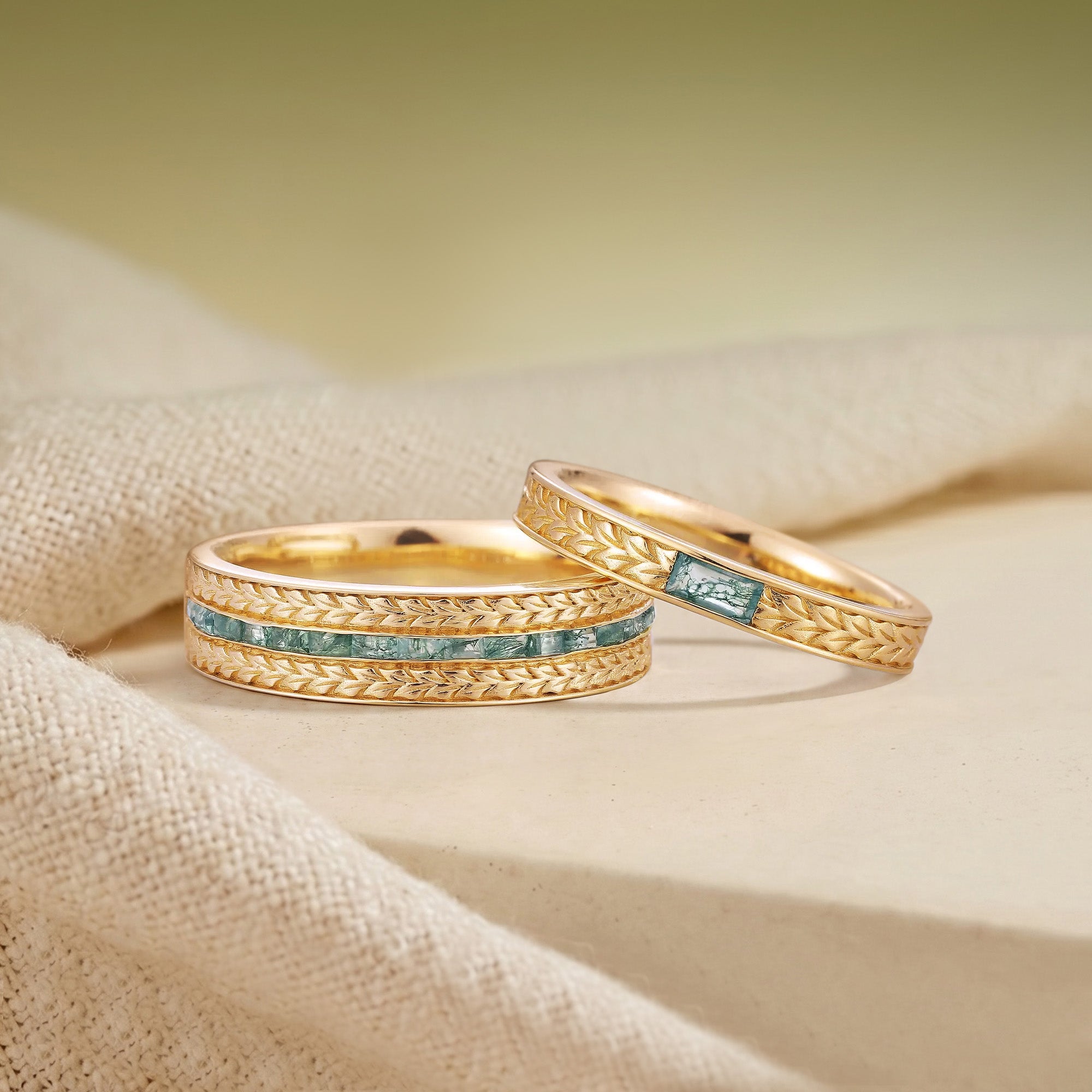 Wheat Harvest Moss Agate Baguette Engraved Couple Wedding Band - Velda