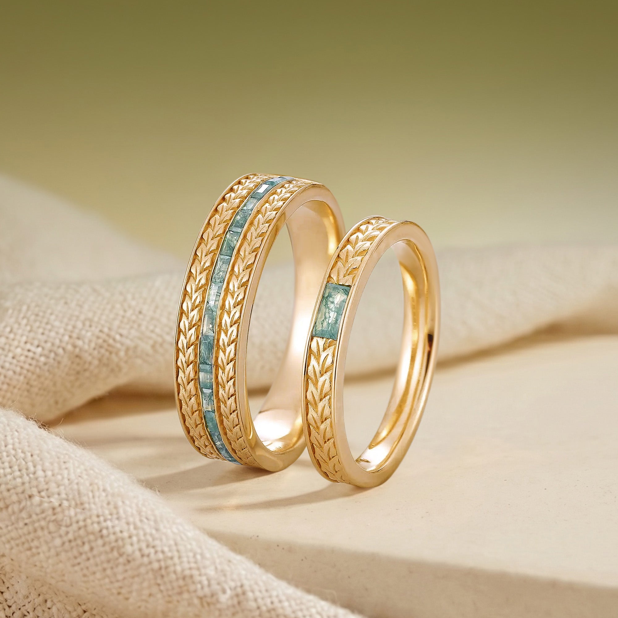 Wheat Harvest Moss Agate Baguette Engraved Couple Wedding Band - Velda