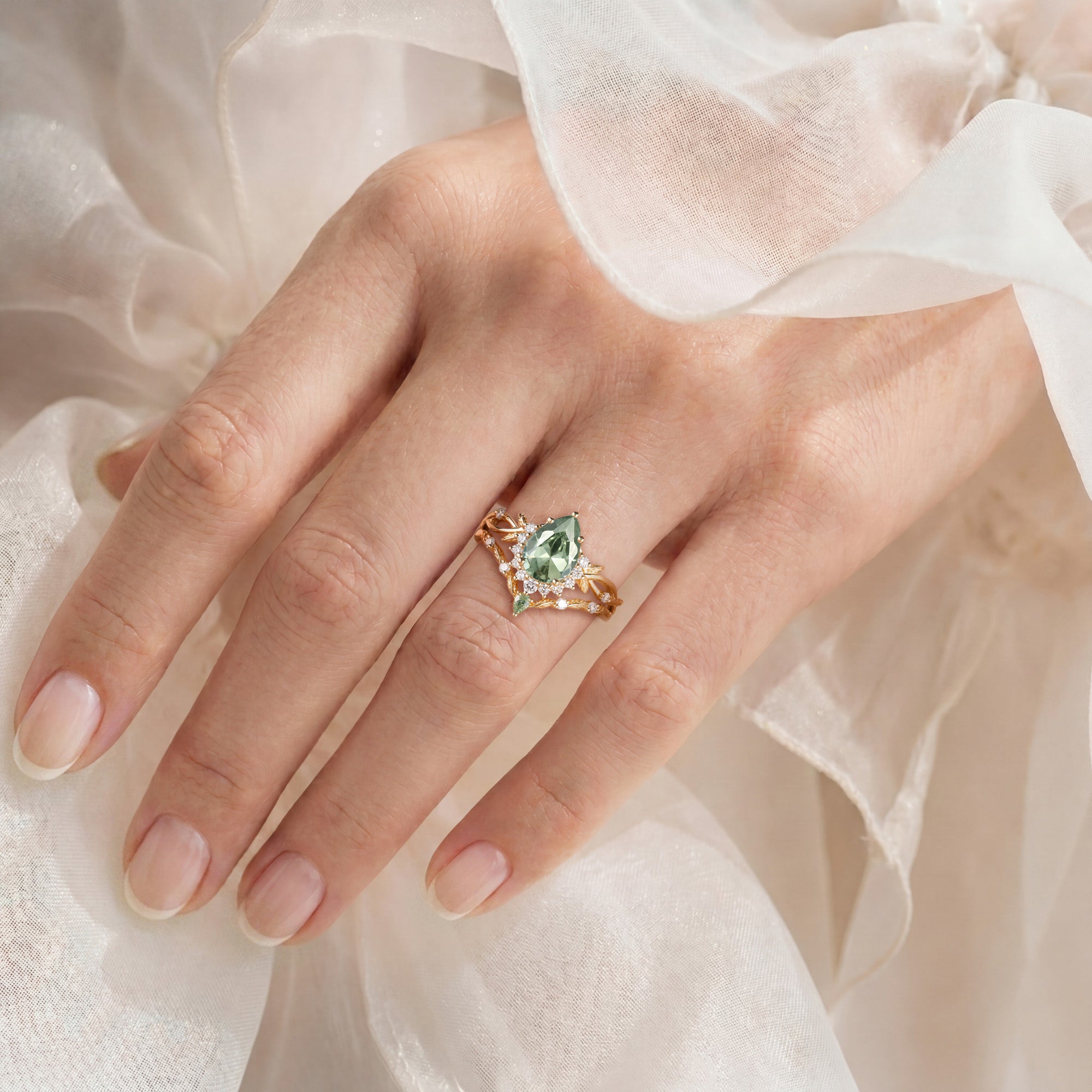 Drisana - 14K Pear Cut Lab Sage Green Sapphire Engagement Ring Set 2pcs