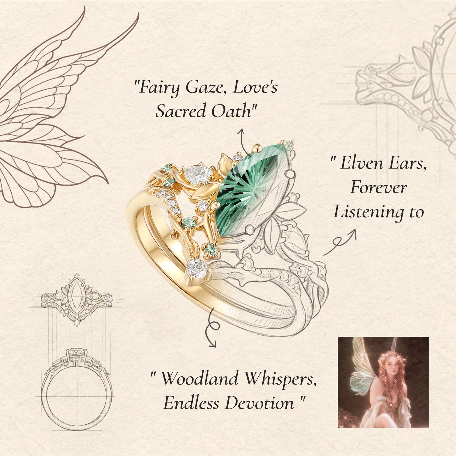 Forest Fairy Marquise Firework Cut Green Sapphire Leafy Inspired Bridal Set 2pcs - Fae