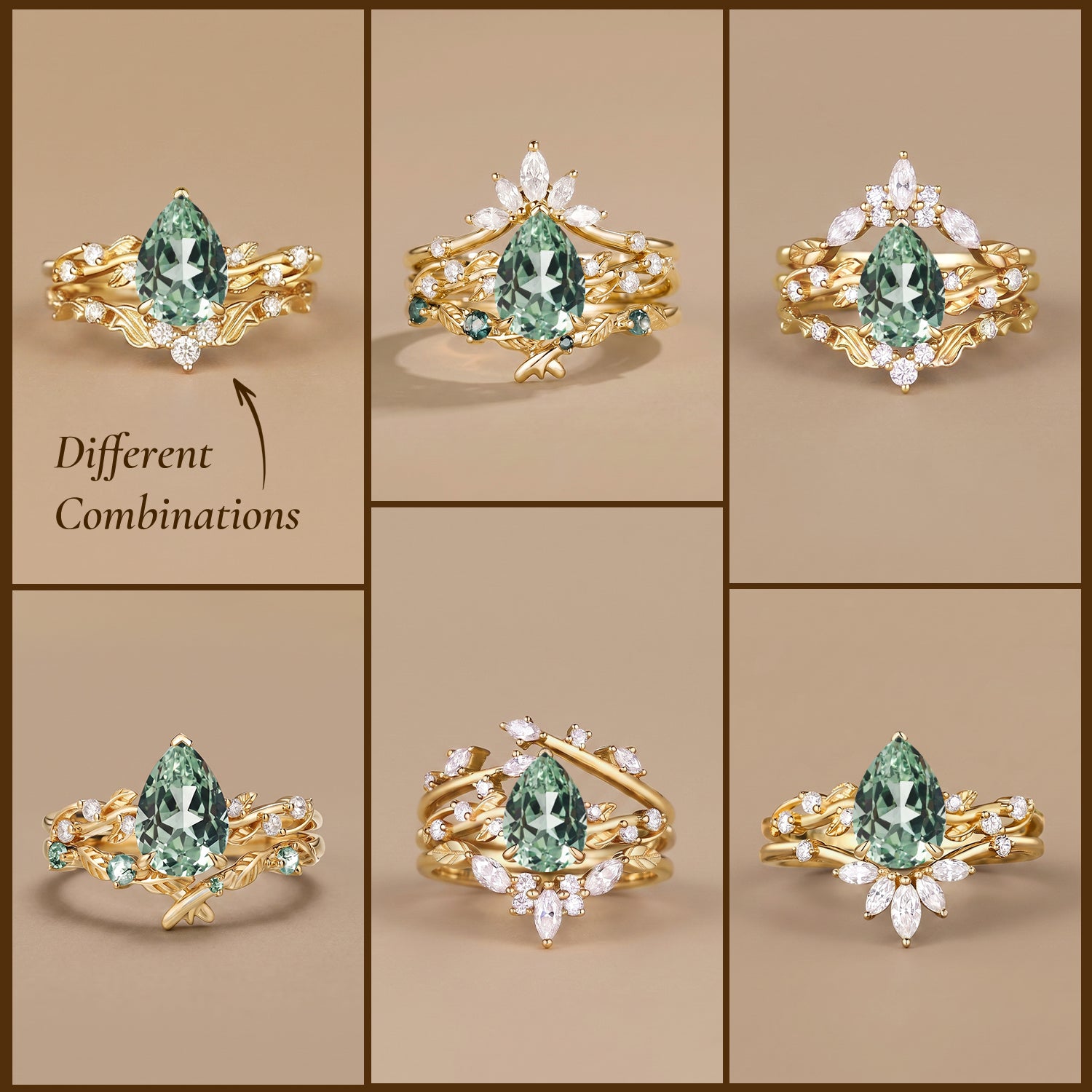 Clarissa - Pear Cut Lab Green Sapphire Leafy Bridal Set 2pcs